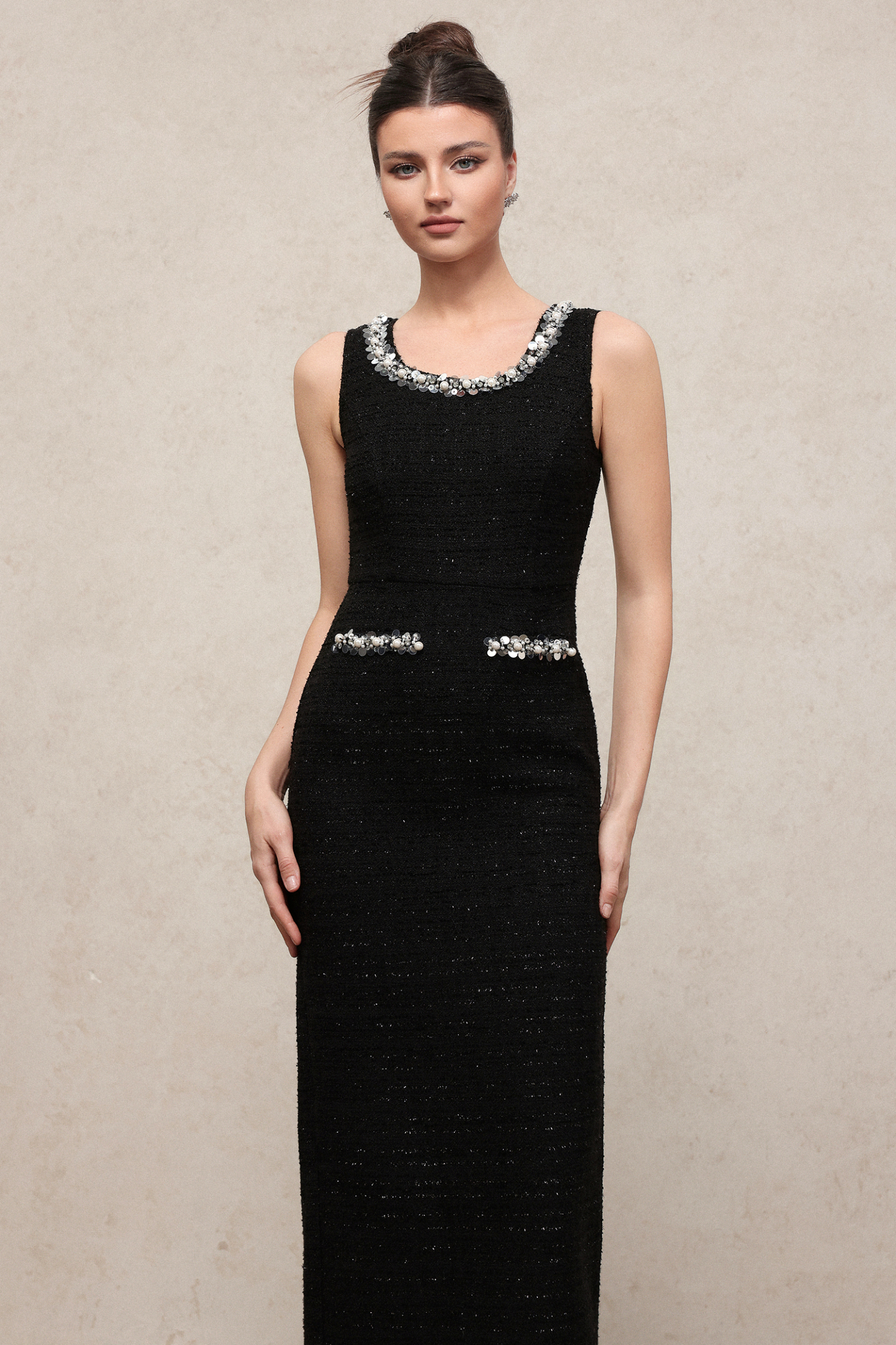 Derly Elegant Slimming Sleeveless Sequin Tweed Midi Dress