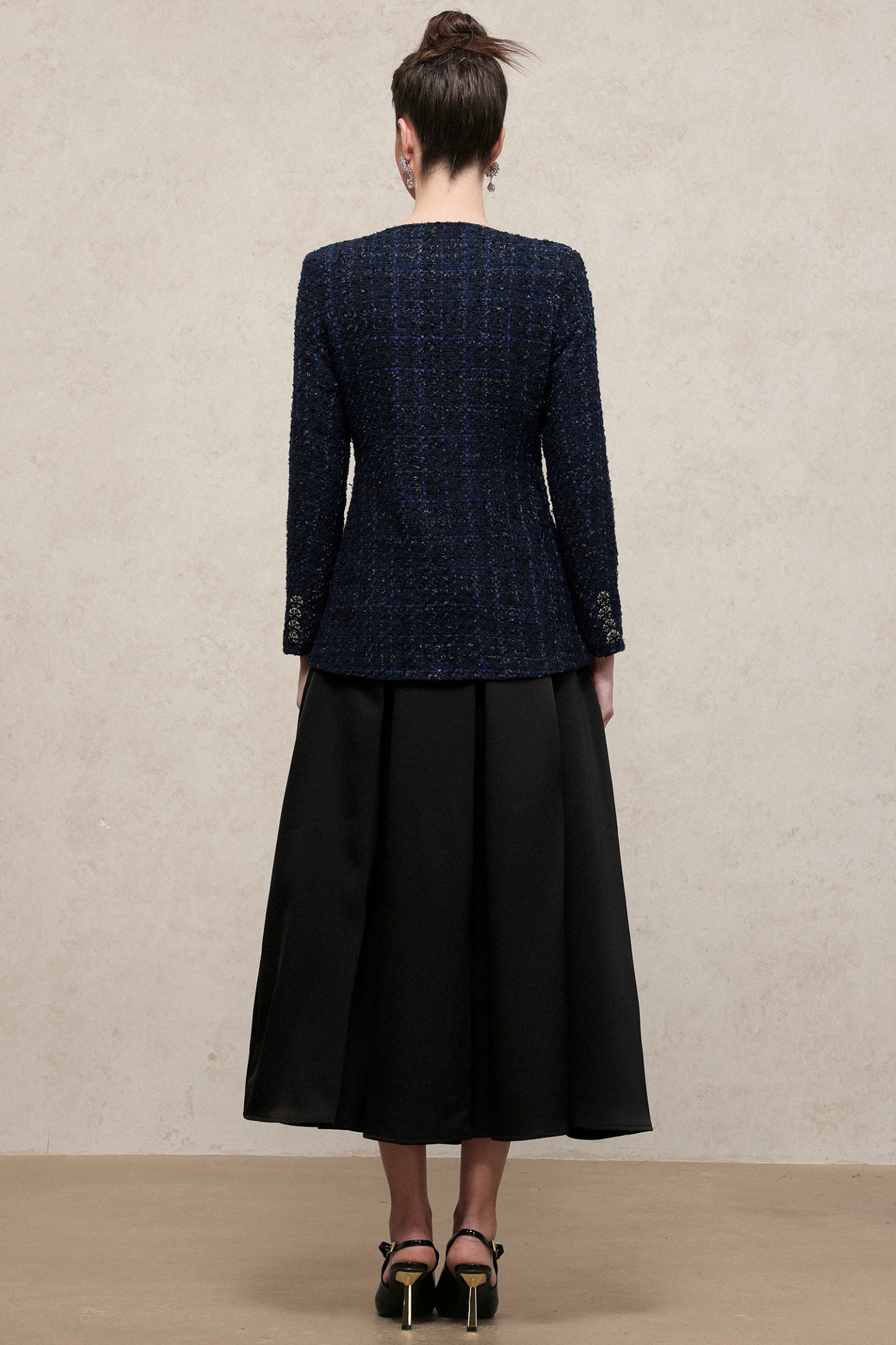 Rivka Classic Waist-Defining U Neck Long Sleeve Tweed Top