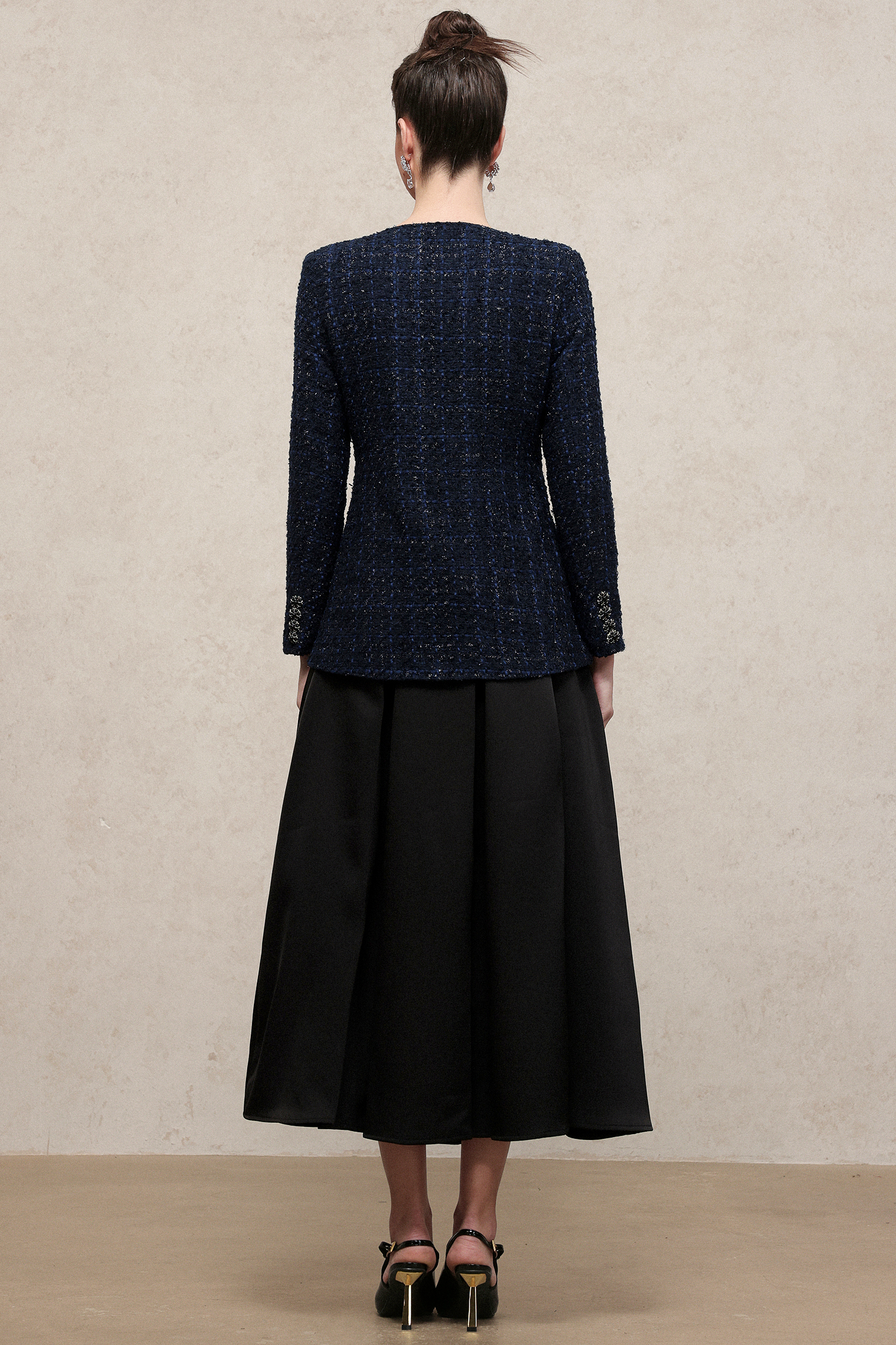 Rivka Classic Waist-Defining U Neck Long Sleeve Tweed Top