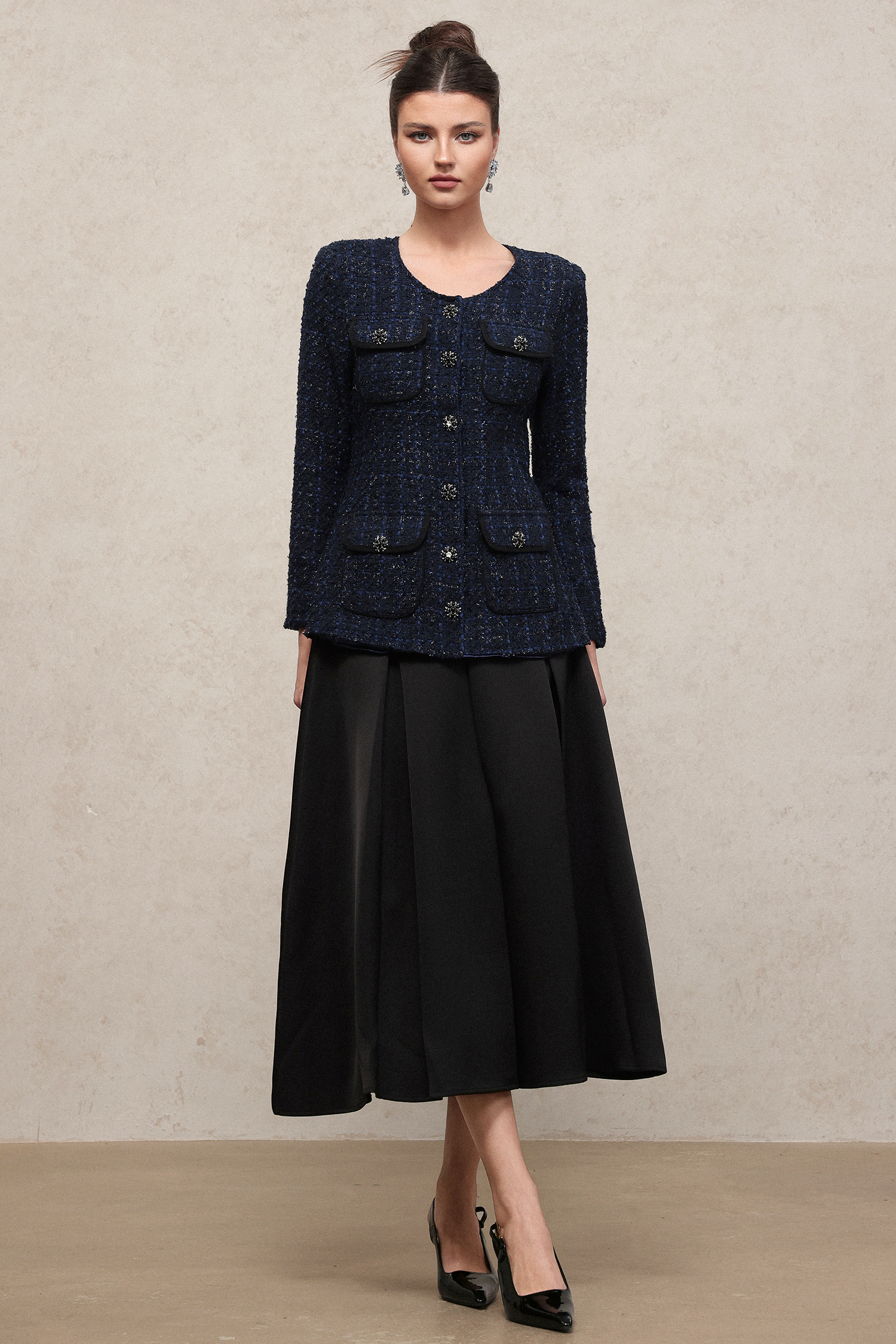 Rivka Classic Waist-Defining U Neck Long Sleeve Tweed Top