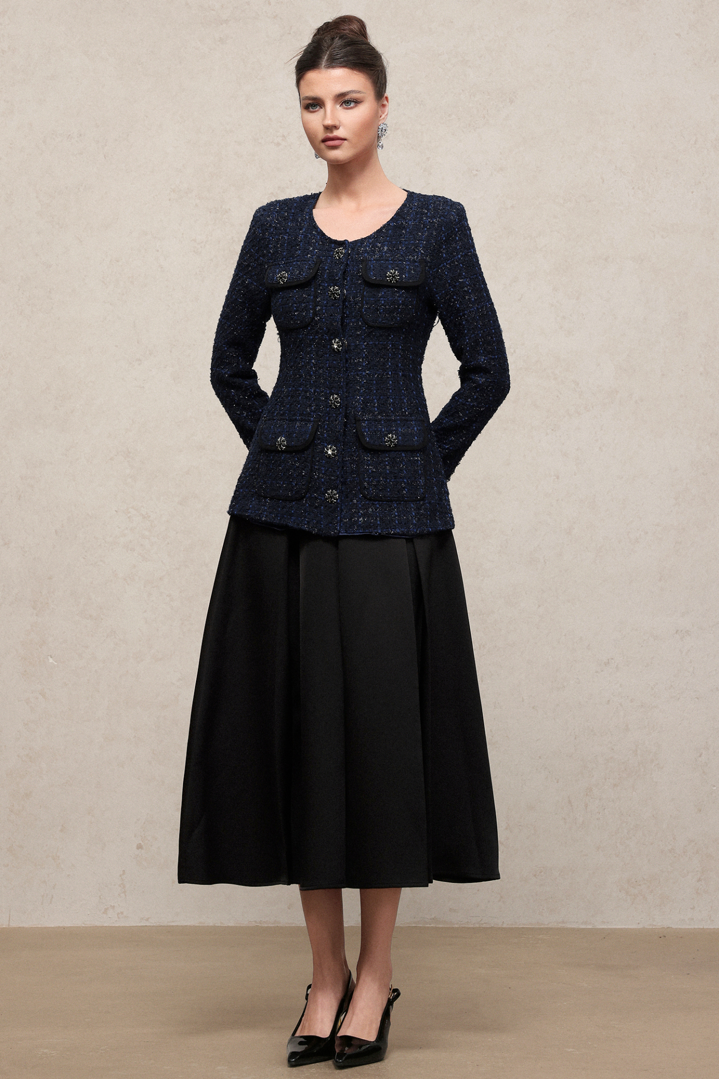 Rivka Classic Waist-Defining U Neck Long Sleeve Tweed Top