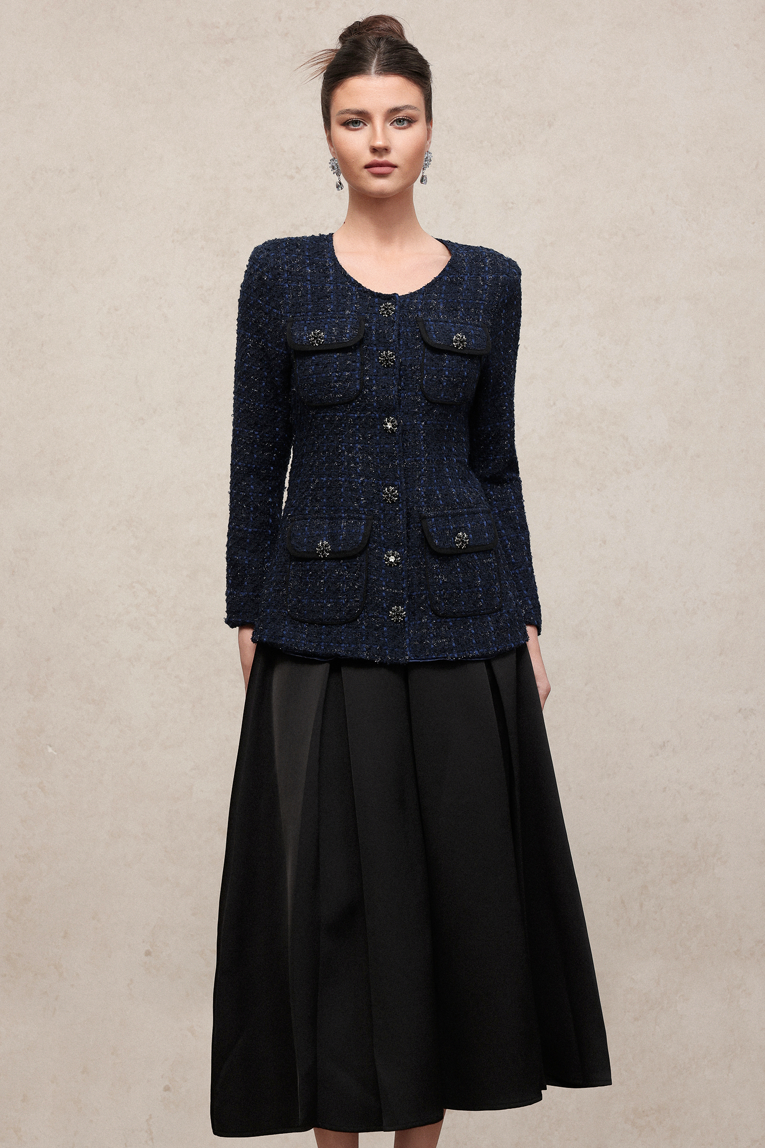 Rivka Classic Waist-Defining U Neck Long Sleeve Tweed Top