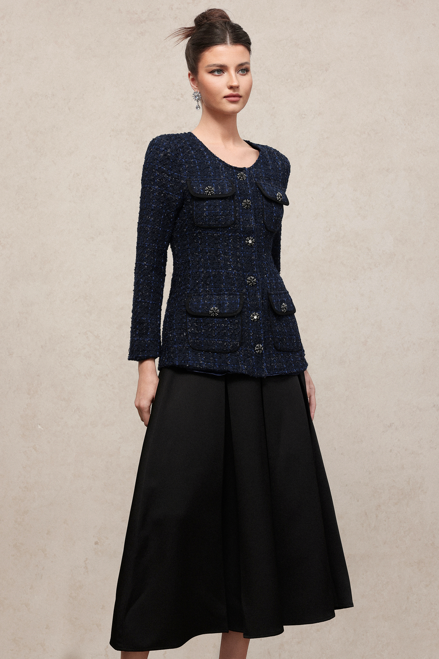 Rivka Classic Waist-Defining U Neck Long Sleeve Tweed Top