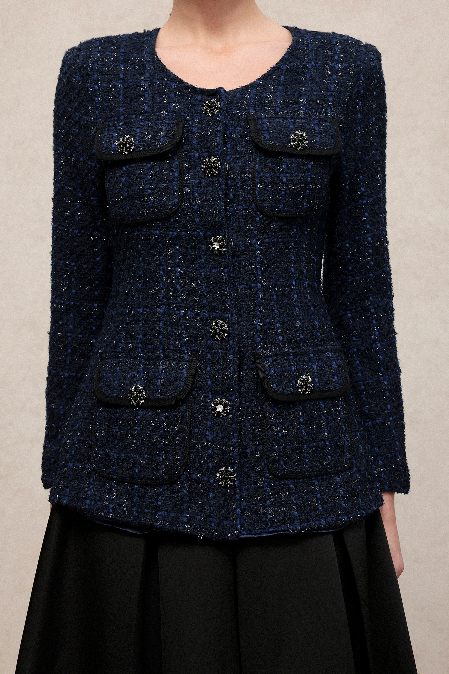 Rivka Classic Waist-Defining U Neck Long Sleeve Tweed Top