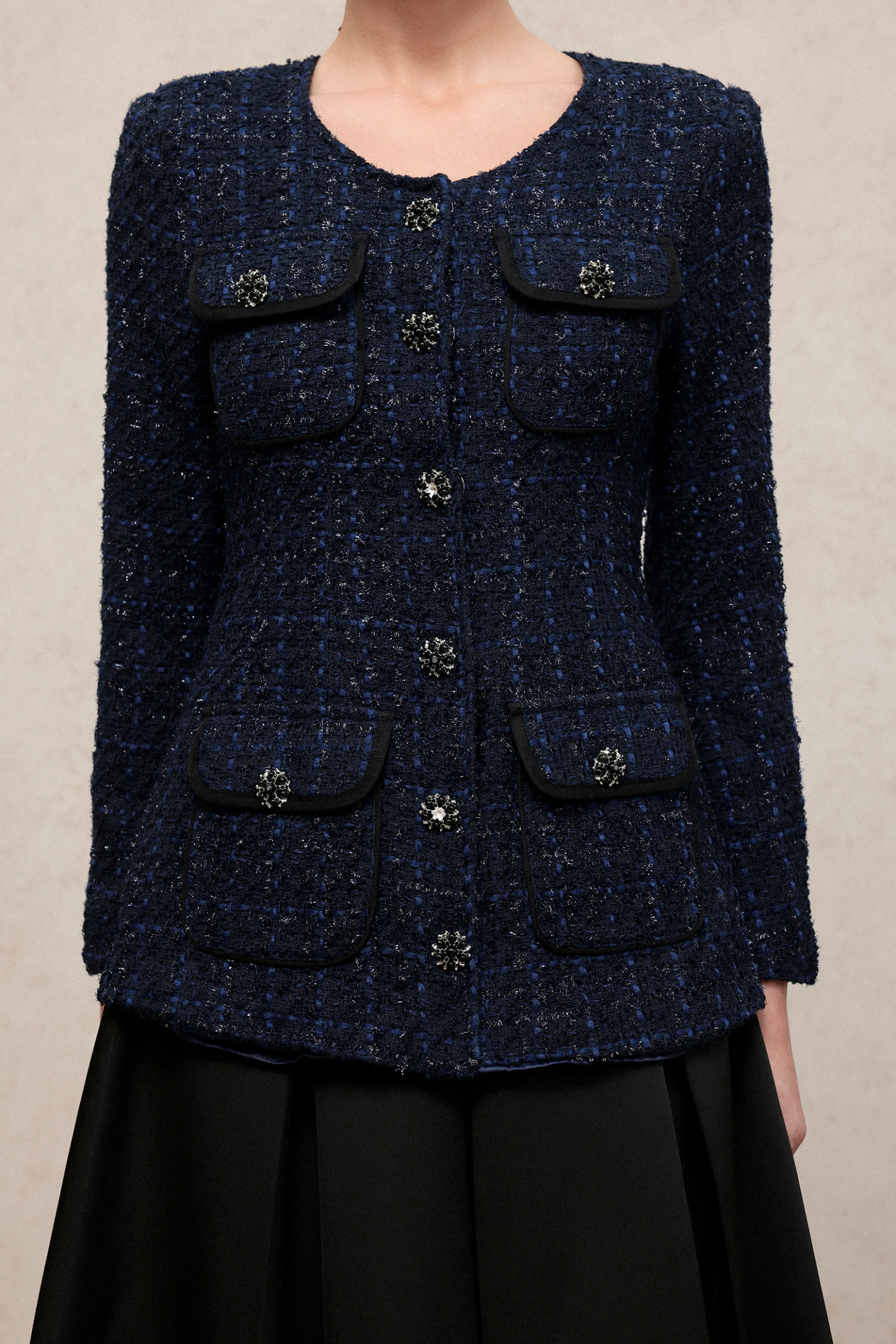 Rivka Classic Waist-Defining U Neck Long Sleeve Tweed Top