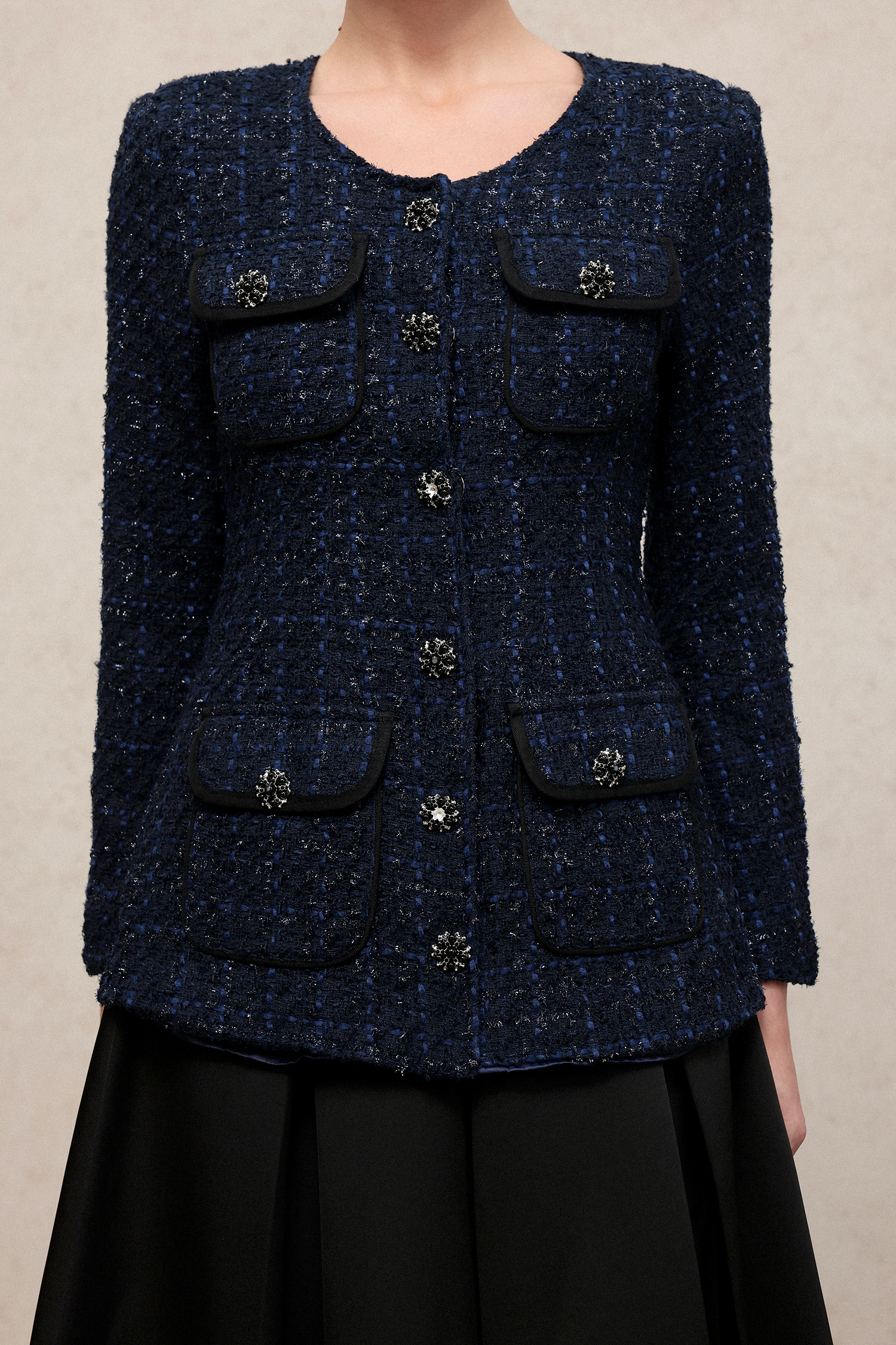 Rivka Classic Waist-Defining U Neck Long Sleeve Tweed Top