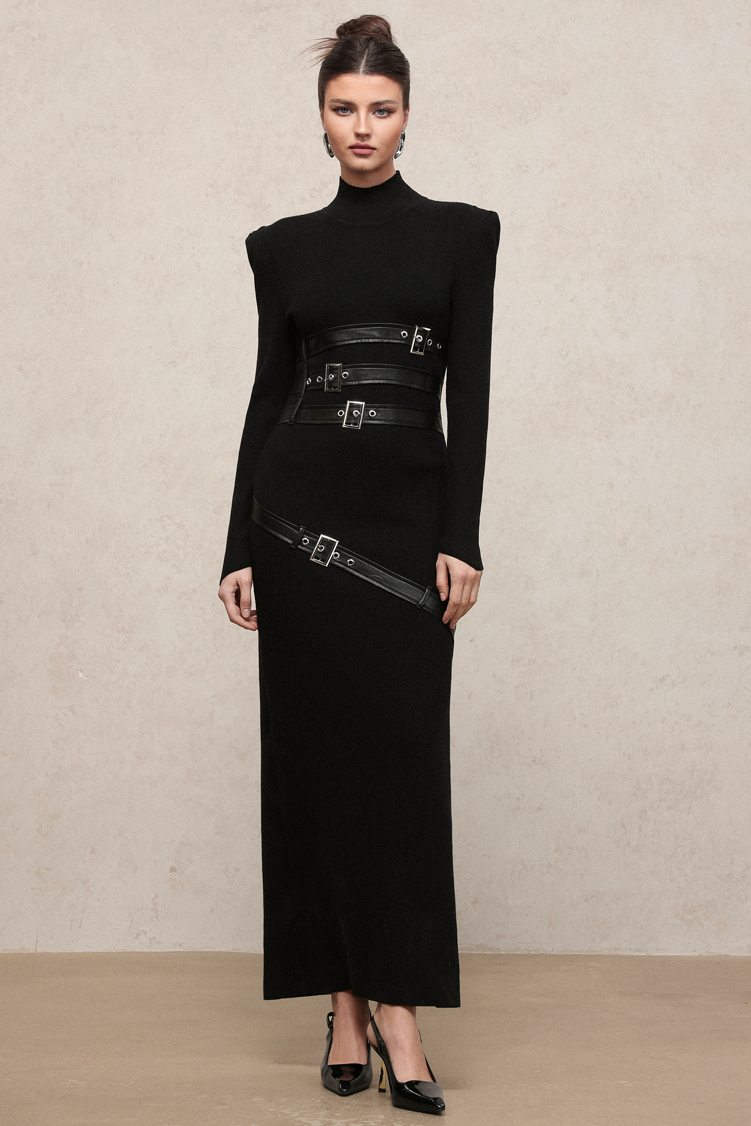 Daphne Edgy Contour Long Sleeve Leather Belt Knit Maxi Dress