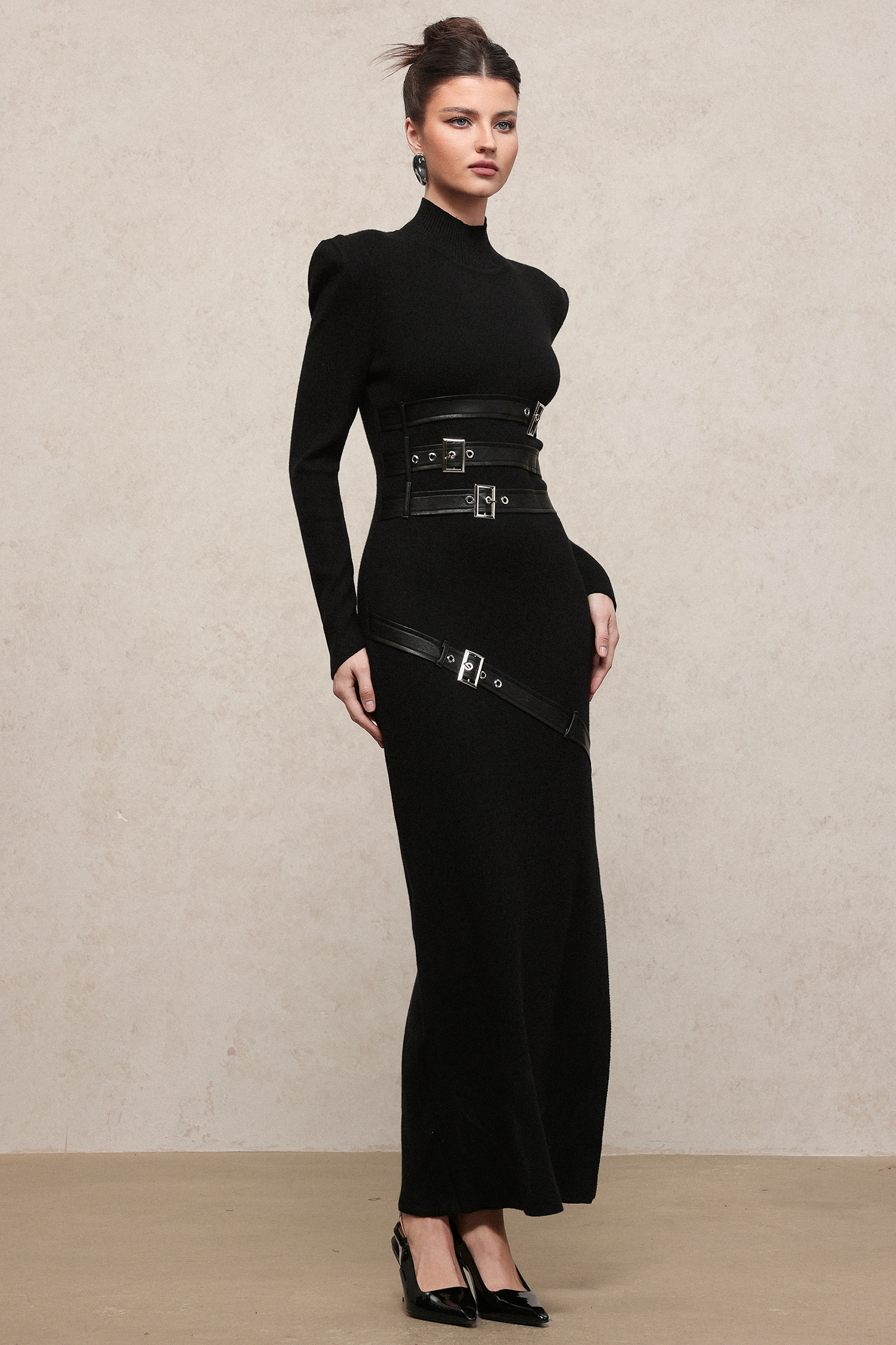 Daphne Edgy Contour Long Sleeve Leather Belt Knit Maxi Dress