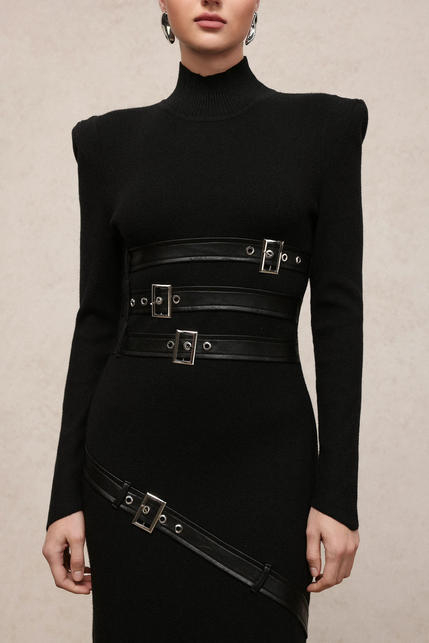 Daphne Edgy Contour Long Sleeve Leather Belt Knit Maxi Dress