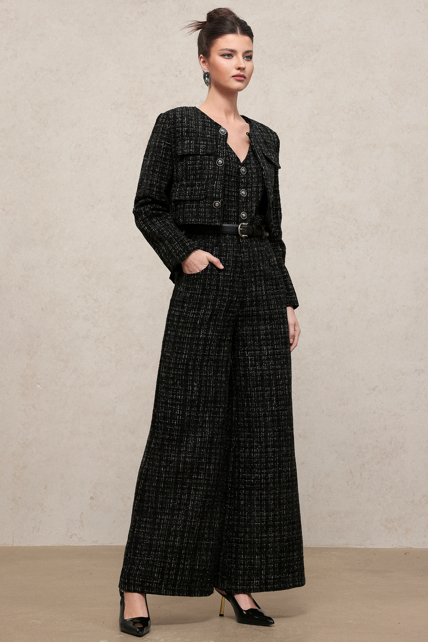 Zerasa Classic Tailored Long Sleeve Blazer And Sleeveless Jumpsuit Woven Two-Piece Set