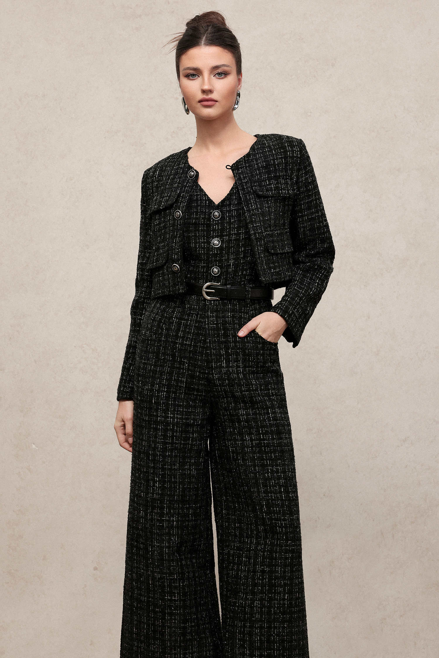 Zerasa Classic Tailored Long Sleeve Blazer And Sleeveless Jumpsuit Woven Two-Piece Set