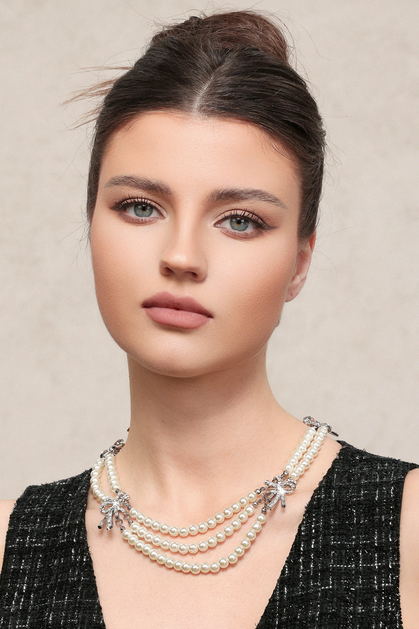 Zandy Pearl  Diamond Bow Multi Layer Necklace