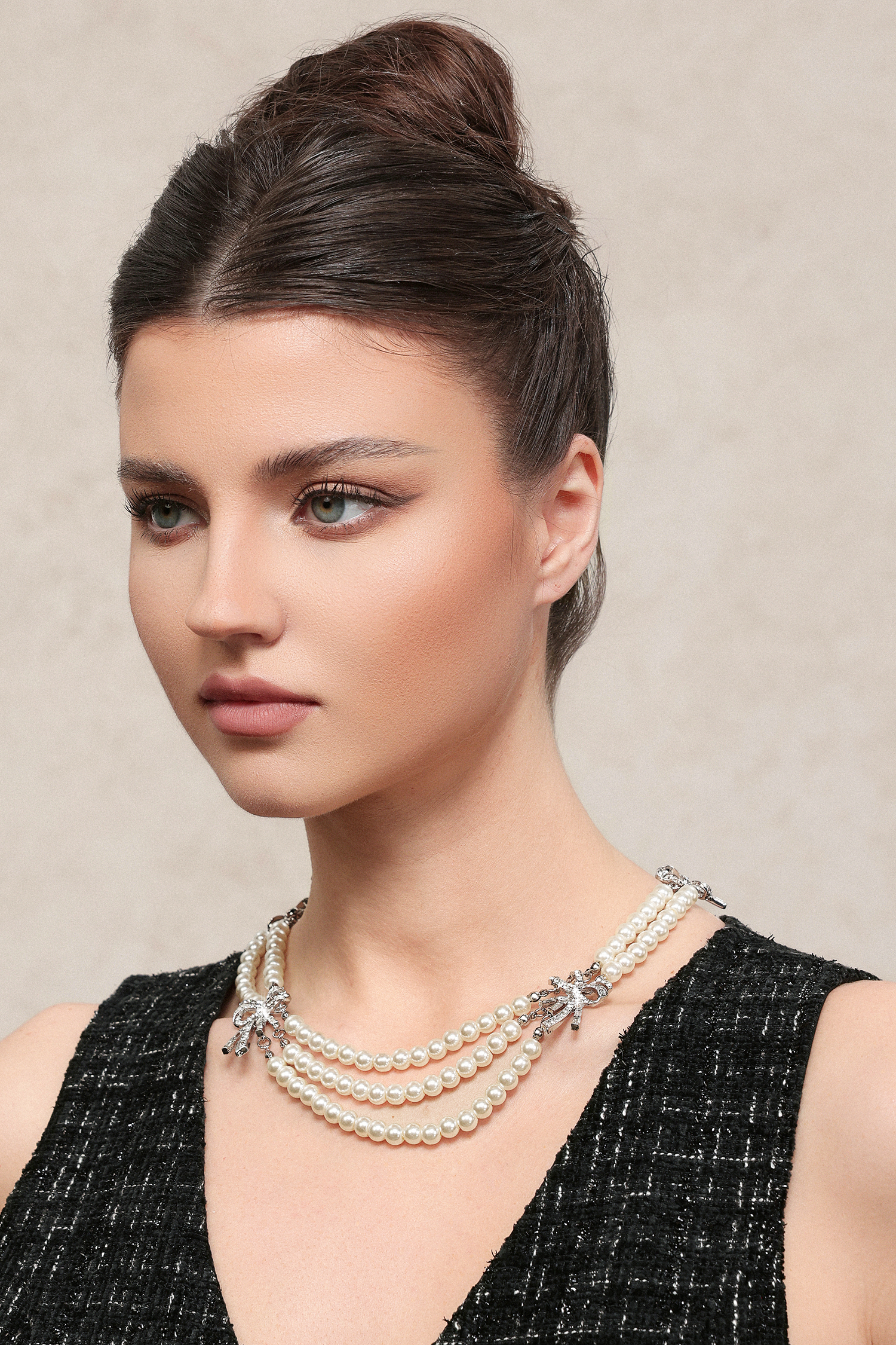 Zandy Pearl  Diamond Bow Multi Layer Necklace