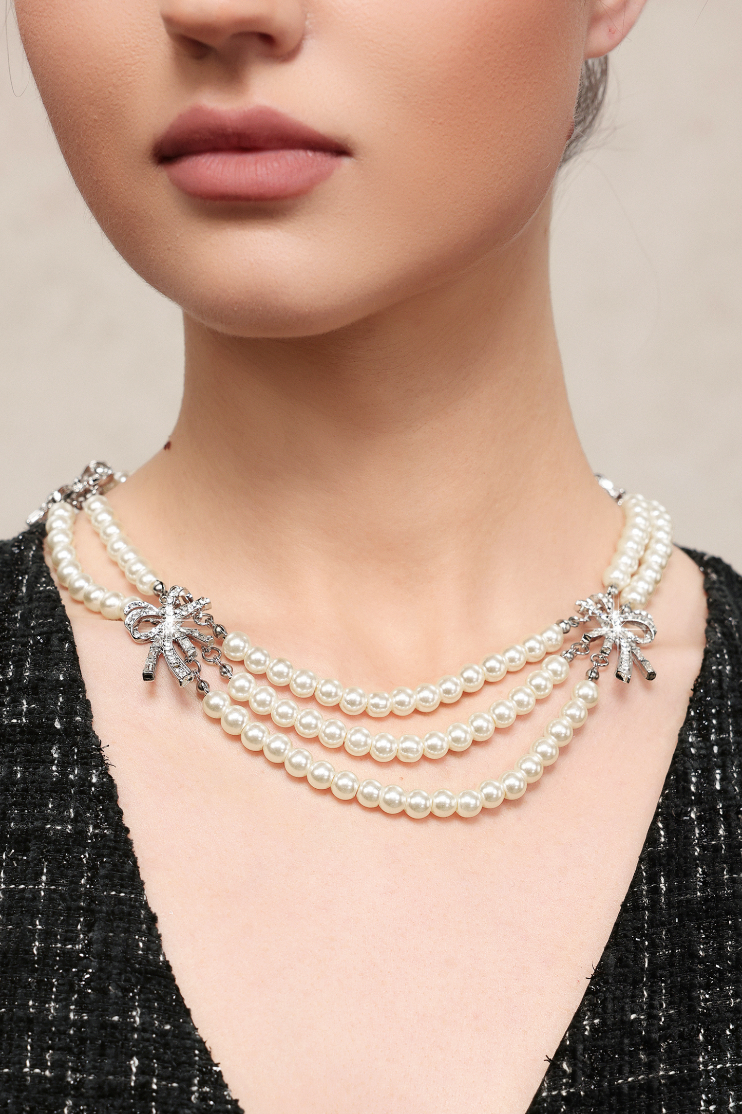 Zandy Pearl  Diamond Bow Multi Layer Necklace