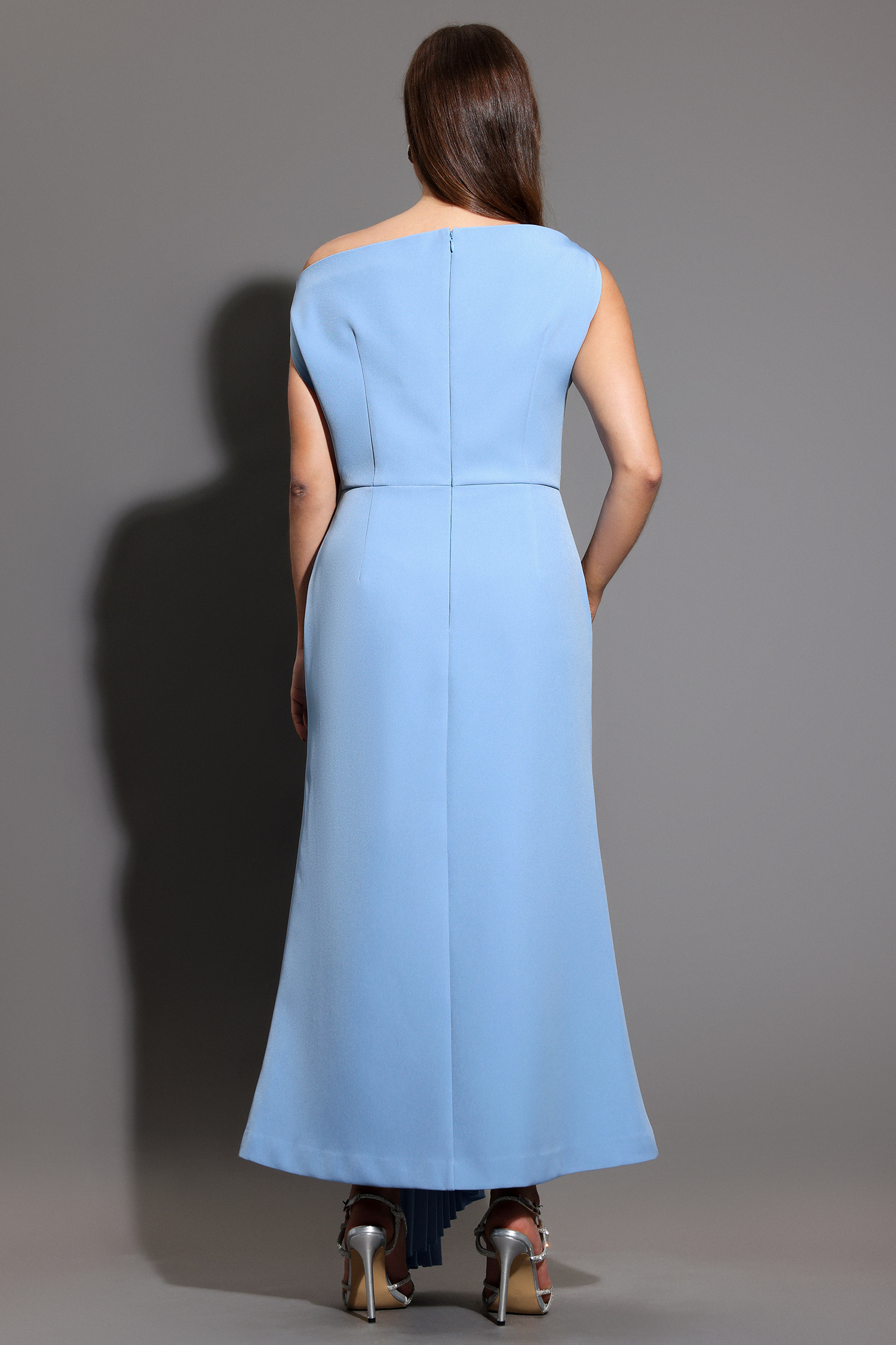 Paulina Oblique Shoulder Sleeveless Folds Blue Midi Dress