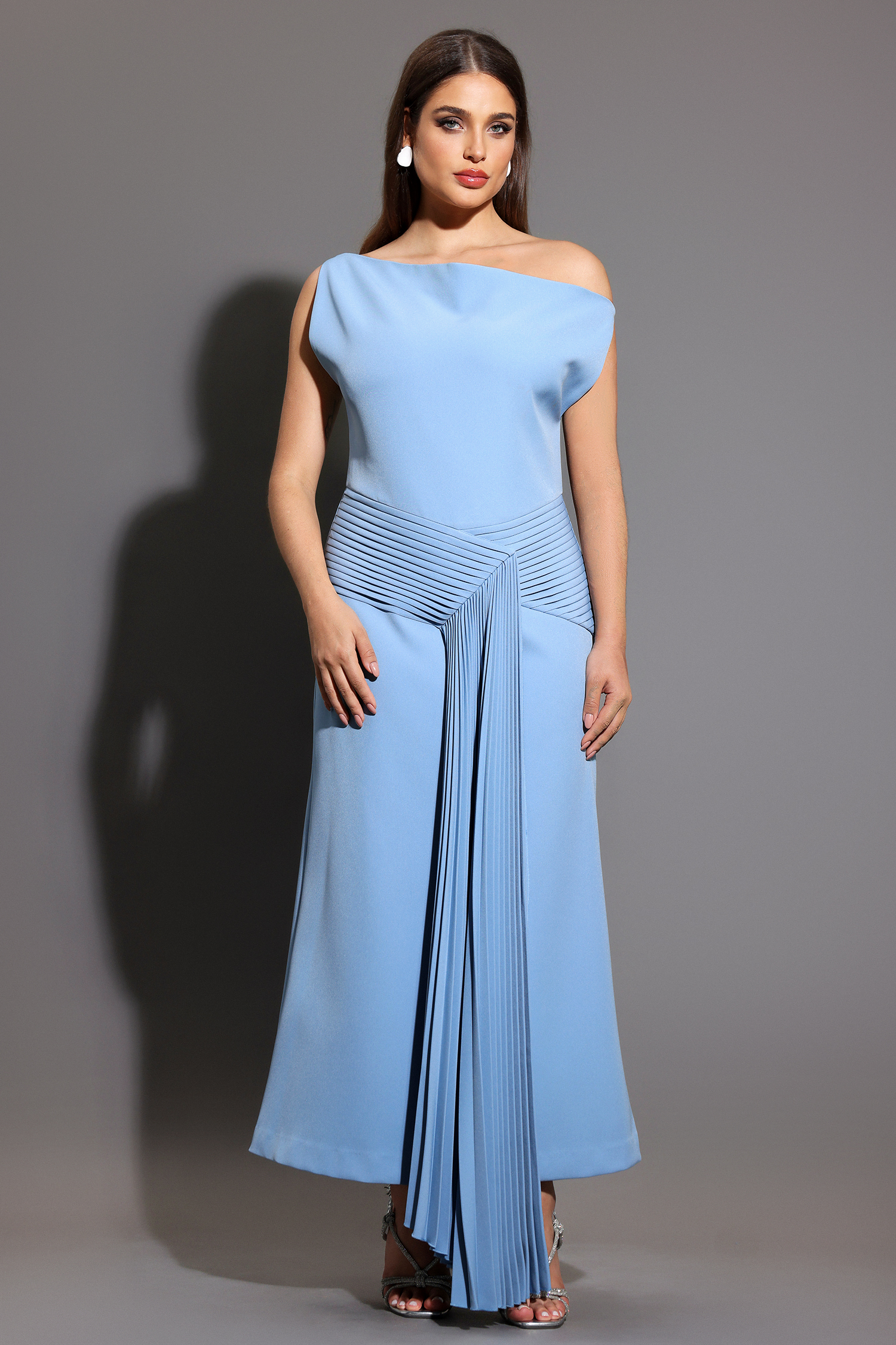 Paulina Oblique Shoulder Sleeveless Folds Blue Midi Dress