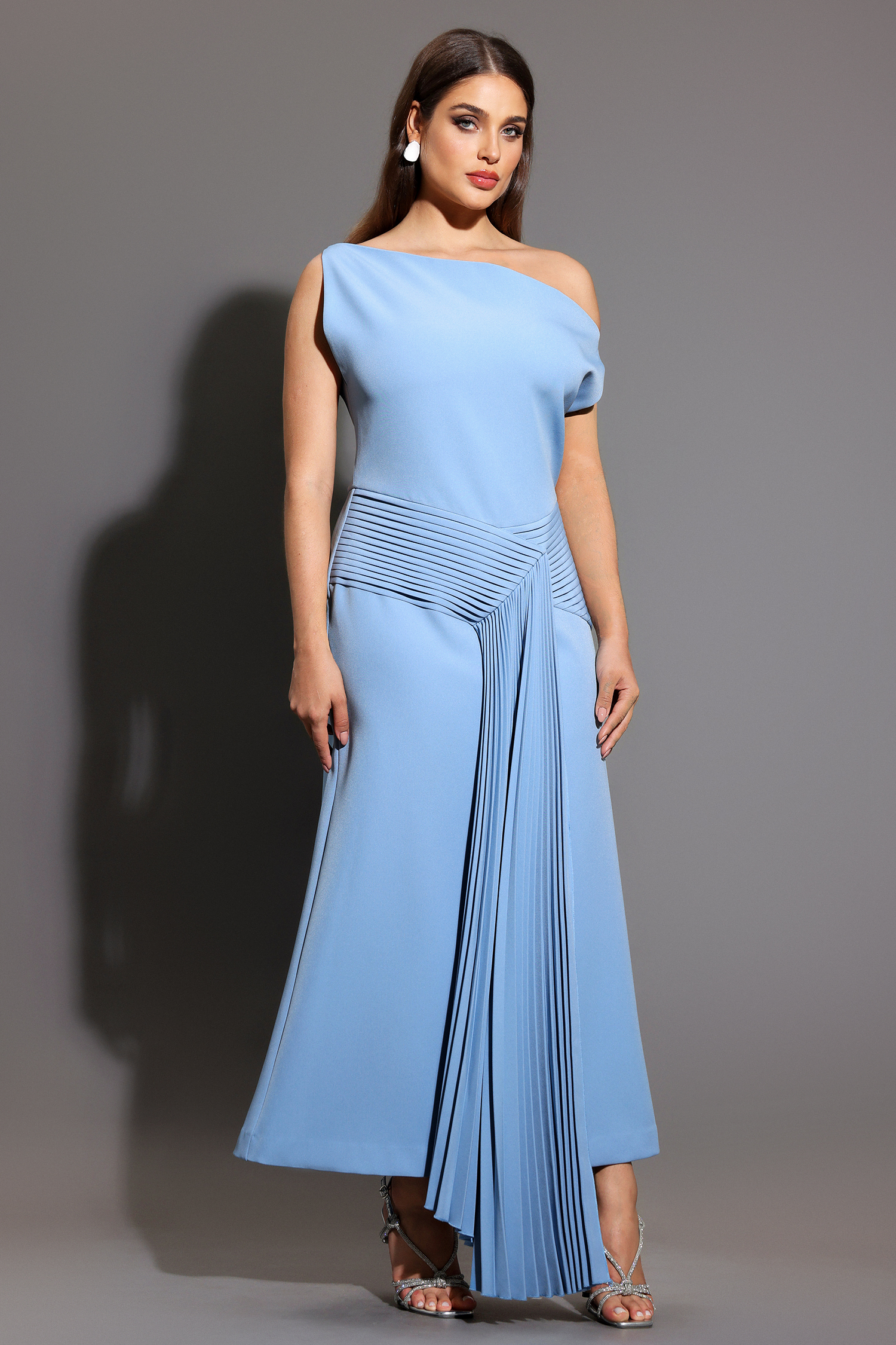 Paulina Oblique Shoulder Sleeveless Folds Blue Midi Dress