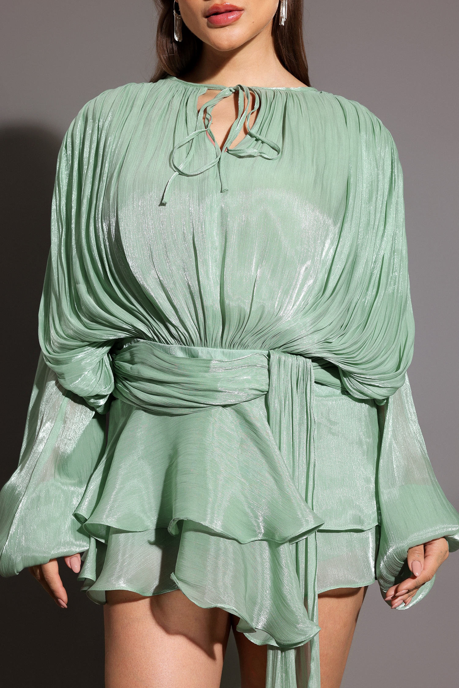 Dekia Long Sleeves Hollow Out Flounce Mini Dress