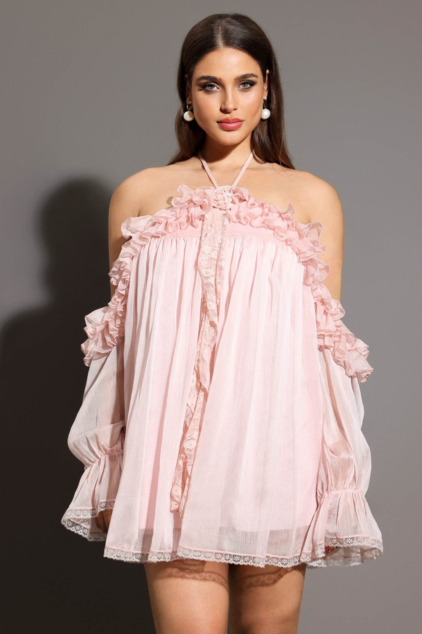 Estella Long Sleeves Flowers Folds Mini Dress