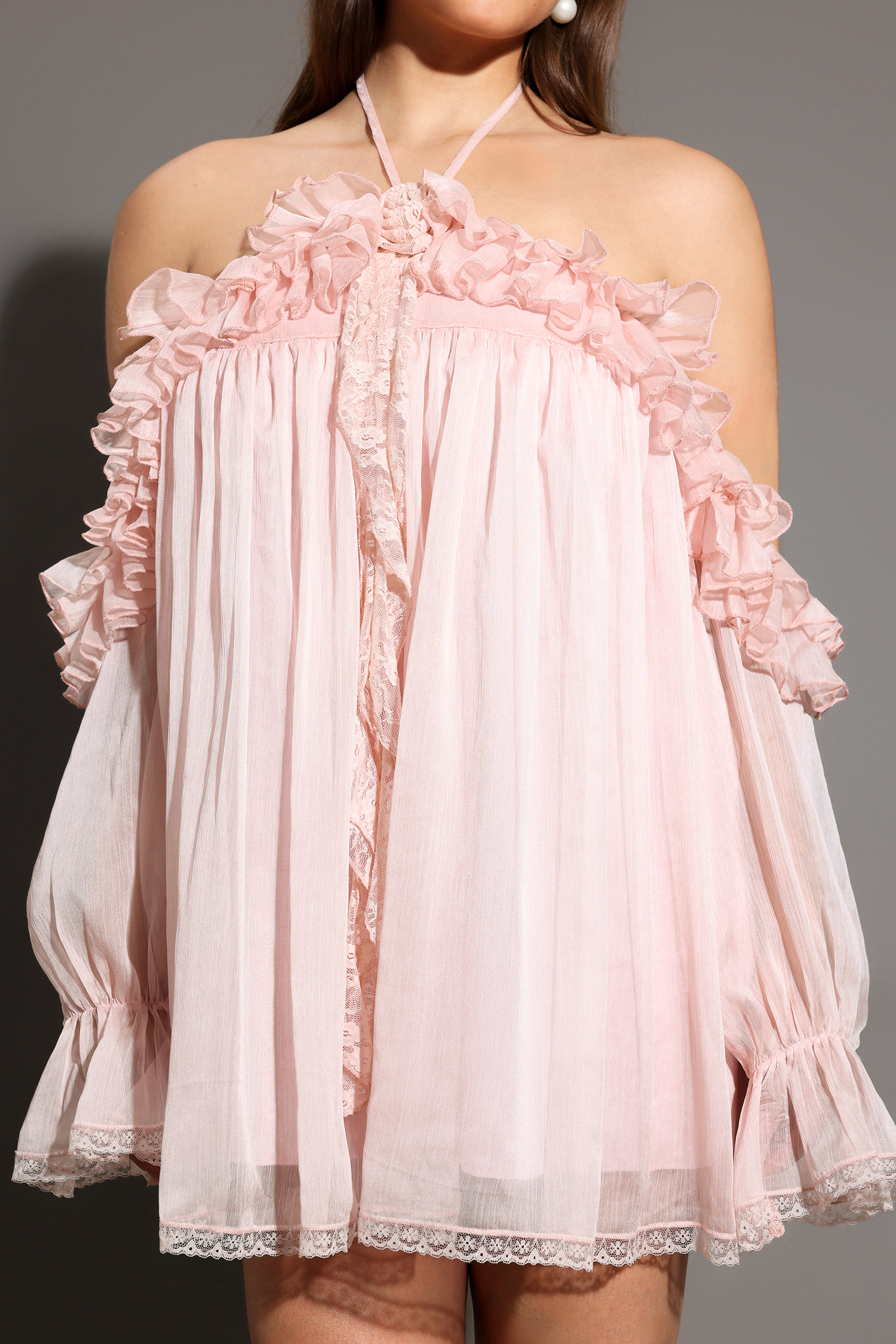 Estella Long Sleeves Flowers Folds Mini Dress