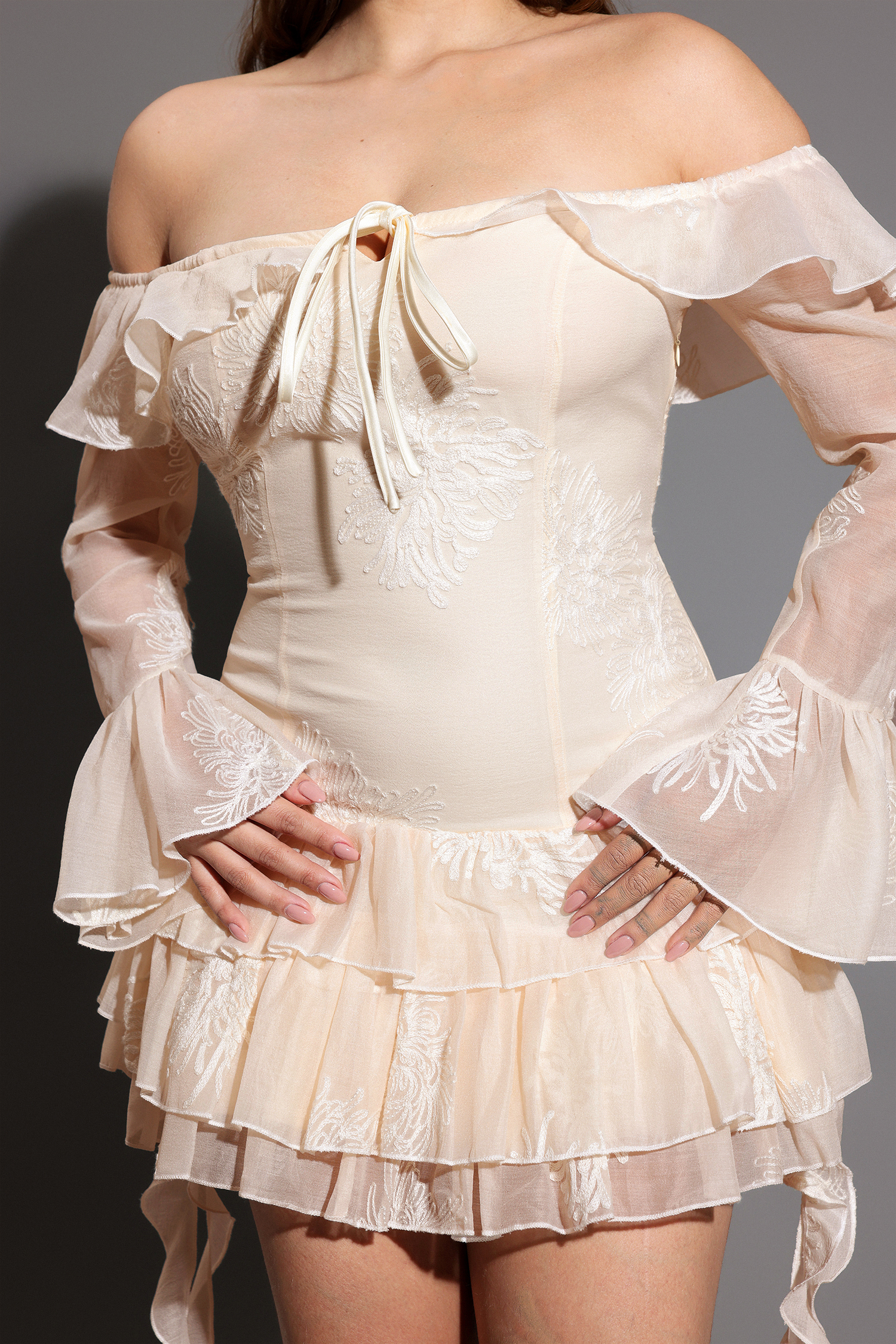 Wenie Off-the-Shoulder Long Sleeve Flounce Mini Dress