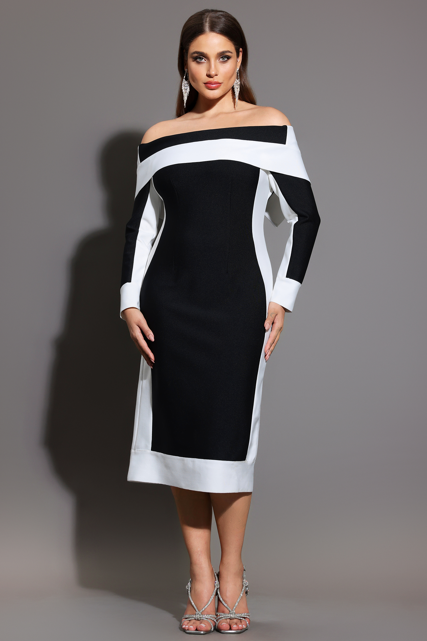 Mattey Off-The-Shoulder Long Sleeves Stripes Bandage Midi Dress