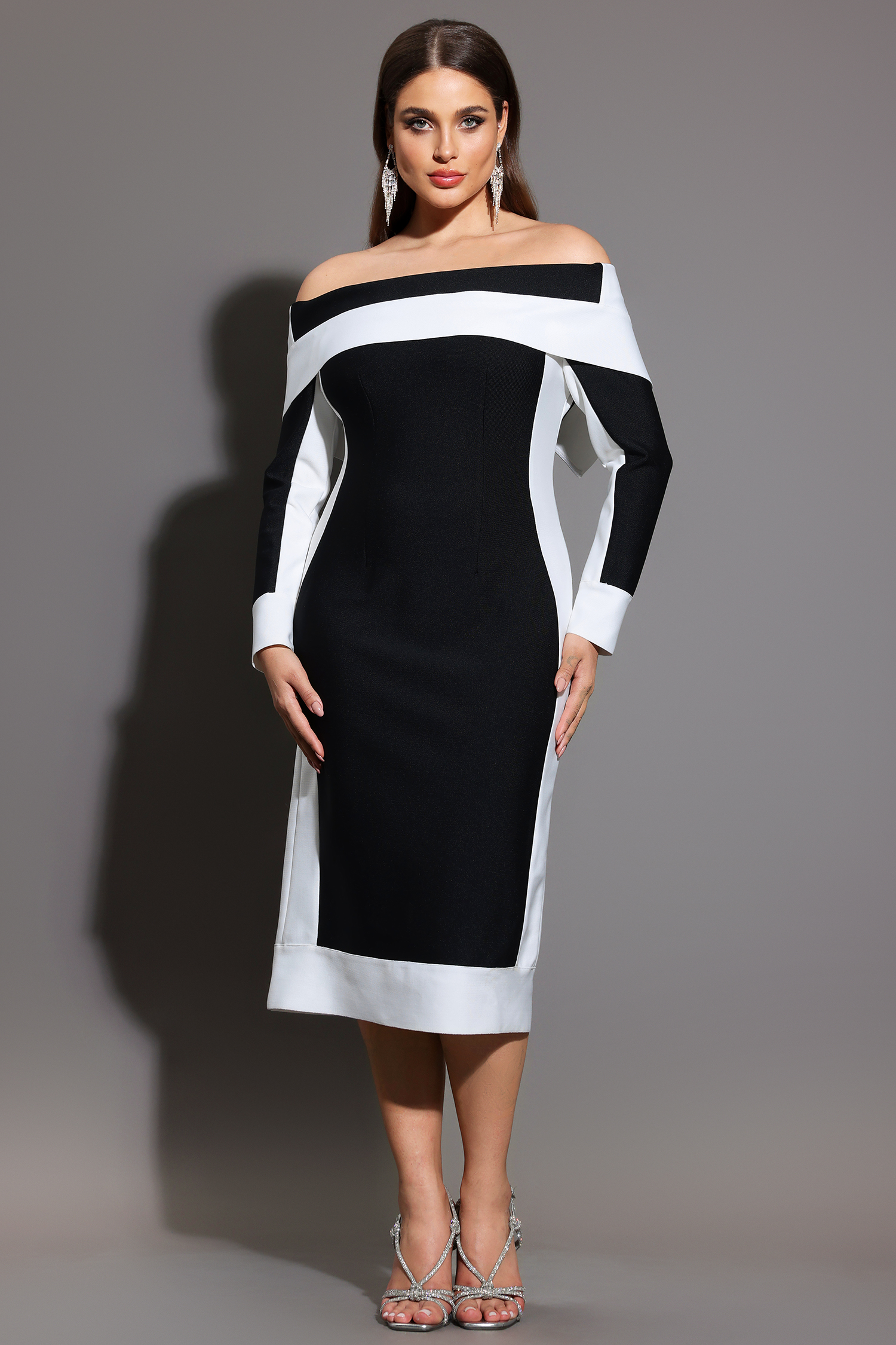 Mattey Off-The-Shoulder Long Sleeves Stripes Bandage Midi Dress