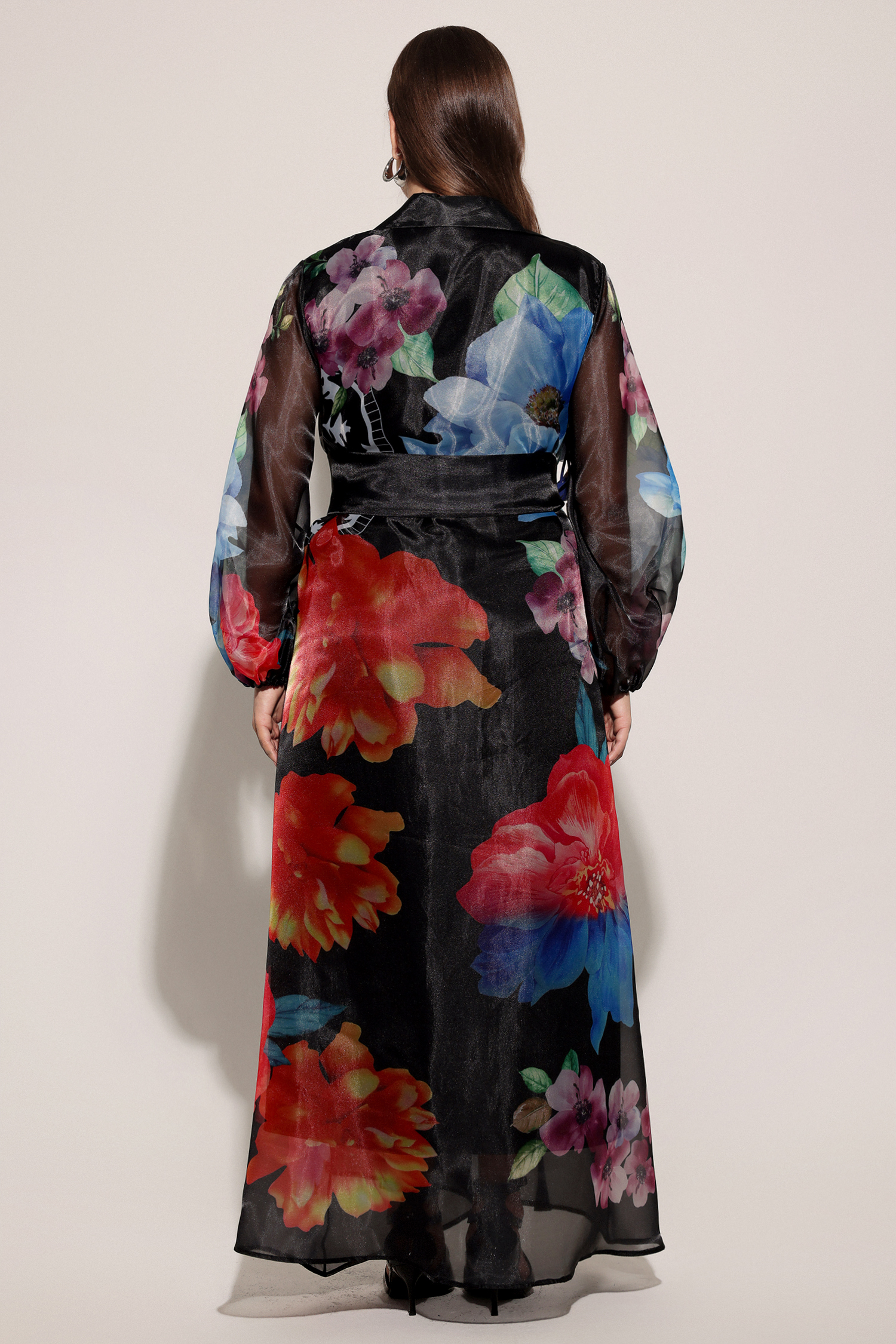 Farrah Lapel Long Sleeves Flowers Printed Maxi Dress