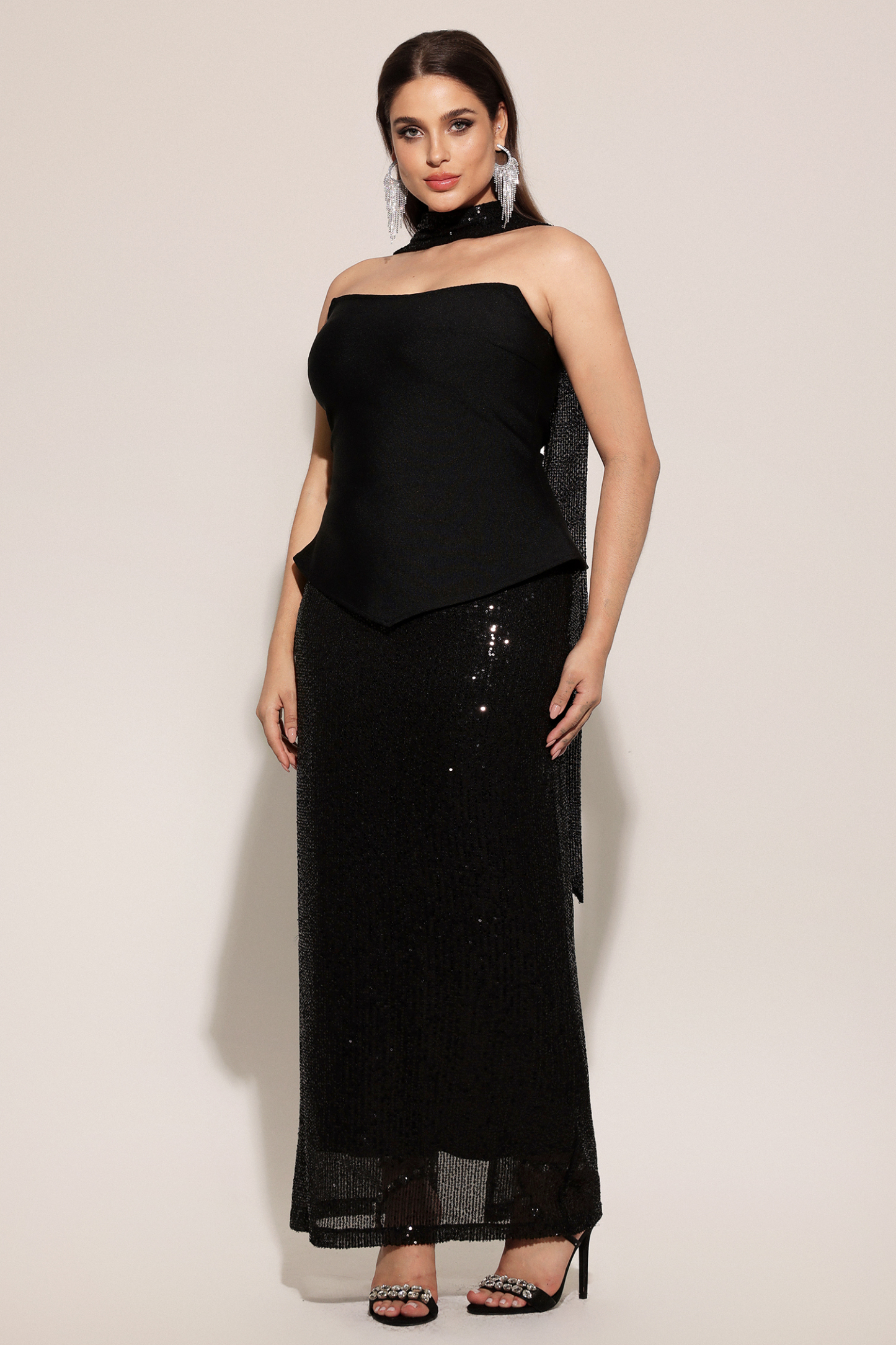 Kale Sleeveless Ribbon Sequins Bandage Maxi Two-Piece Set