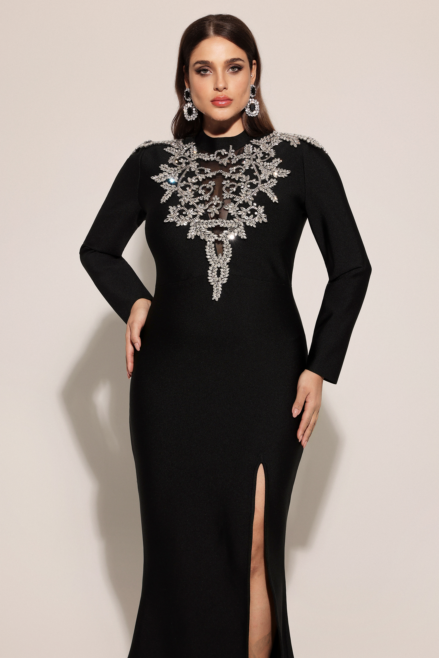 Saloha Long Sleeves Diamond Slit Fish Tail Bandage Maxi Dress