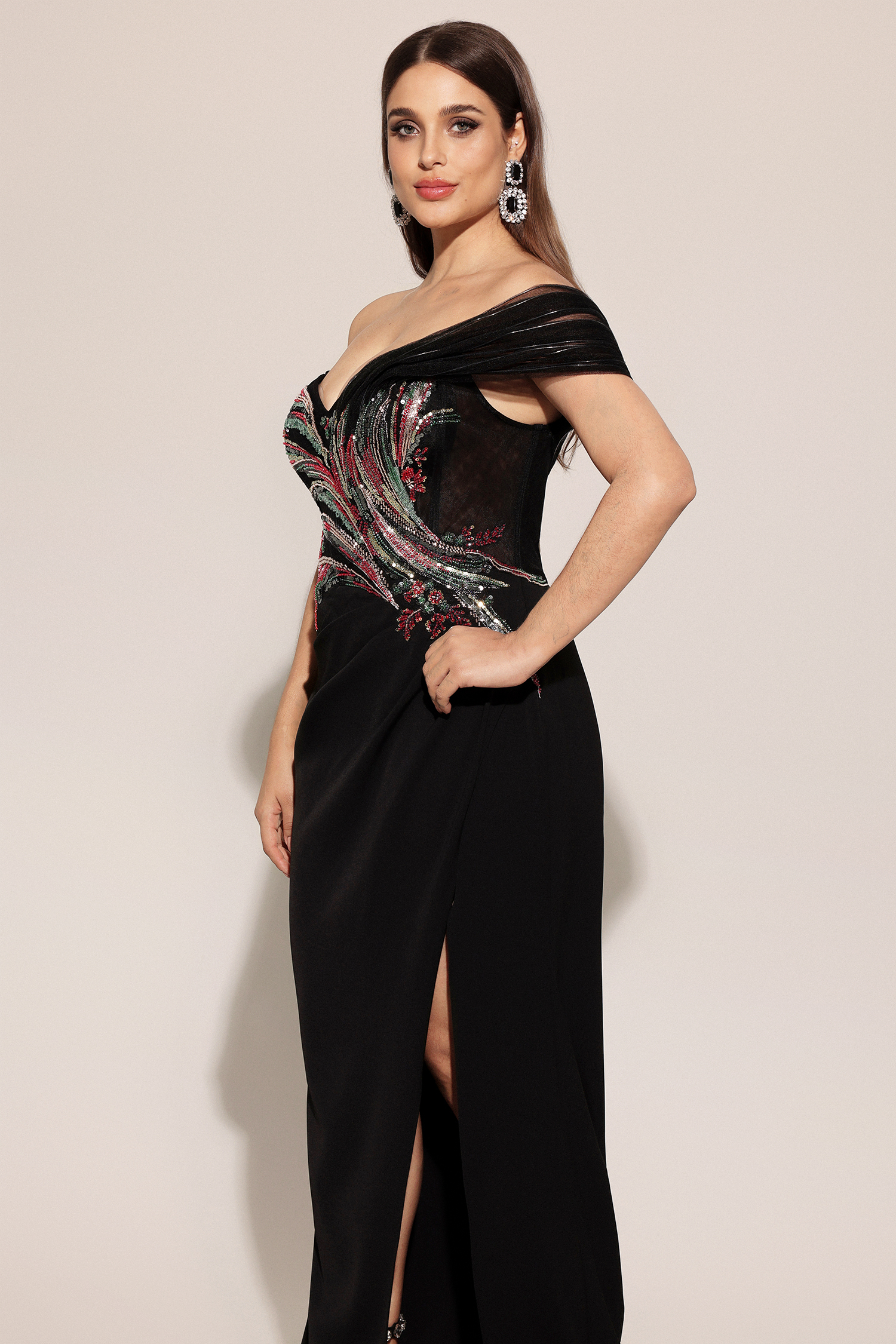 Stolen Strapless Sequin Embroidered Slit Bandage Maxi Dress
