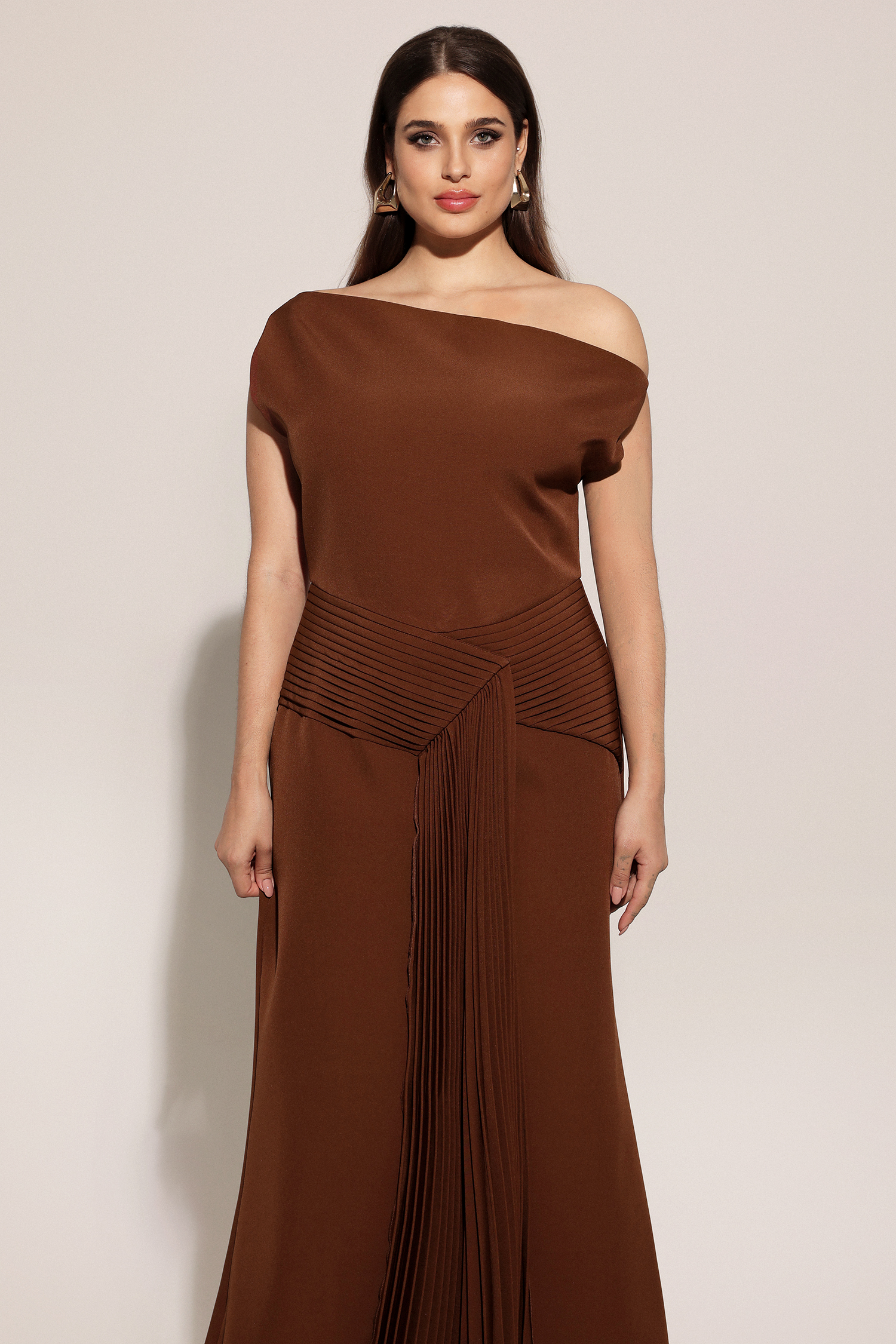 Paulina Oblique Shoulder Sleeveless Folds Brown Midi Dress