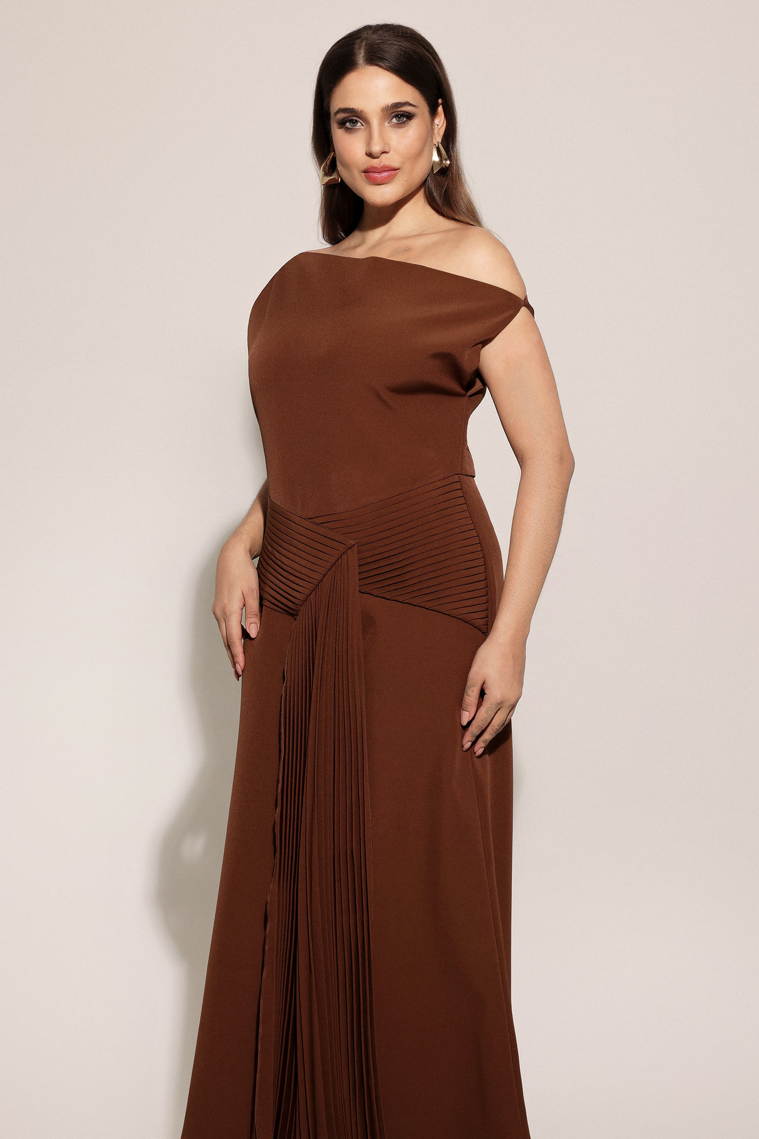 Paulina Oblique Shoulder Sleeveless Folds Brown Midi Dress