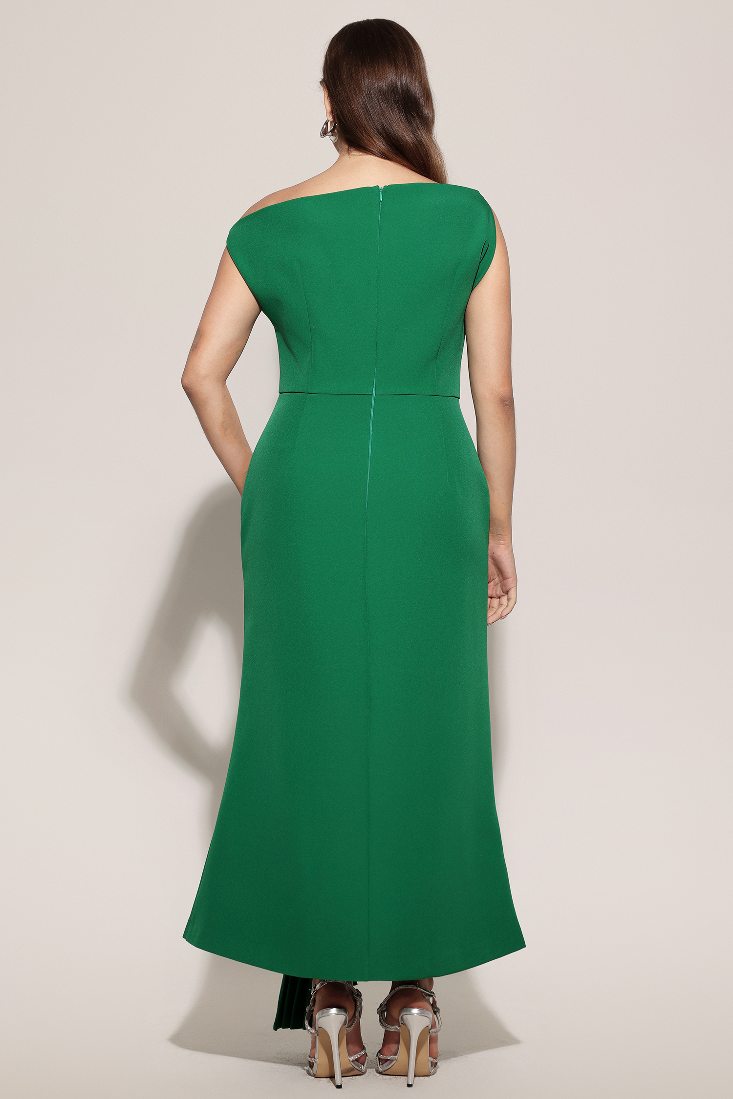 Paulina Oblique Shoulder Sleeveless Folds Green Midi Dress