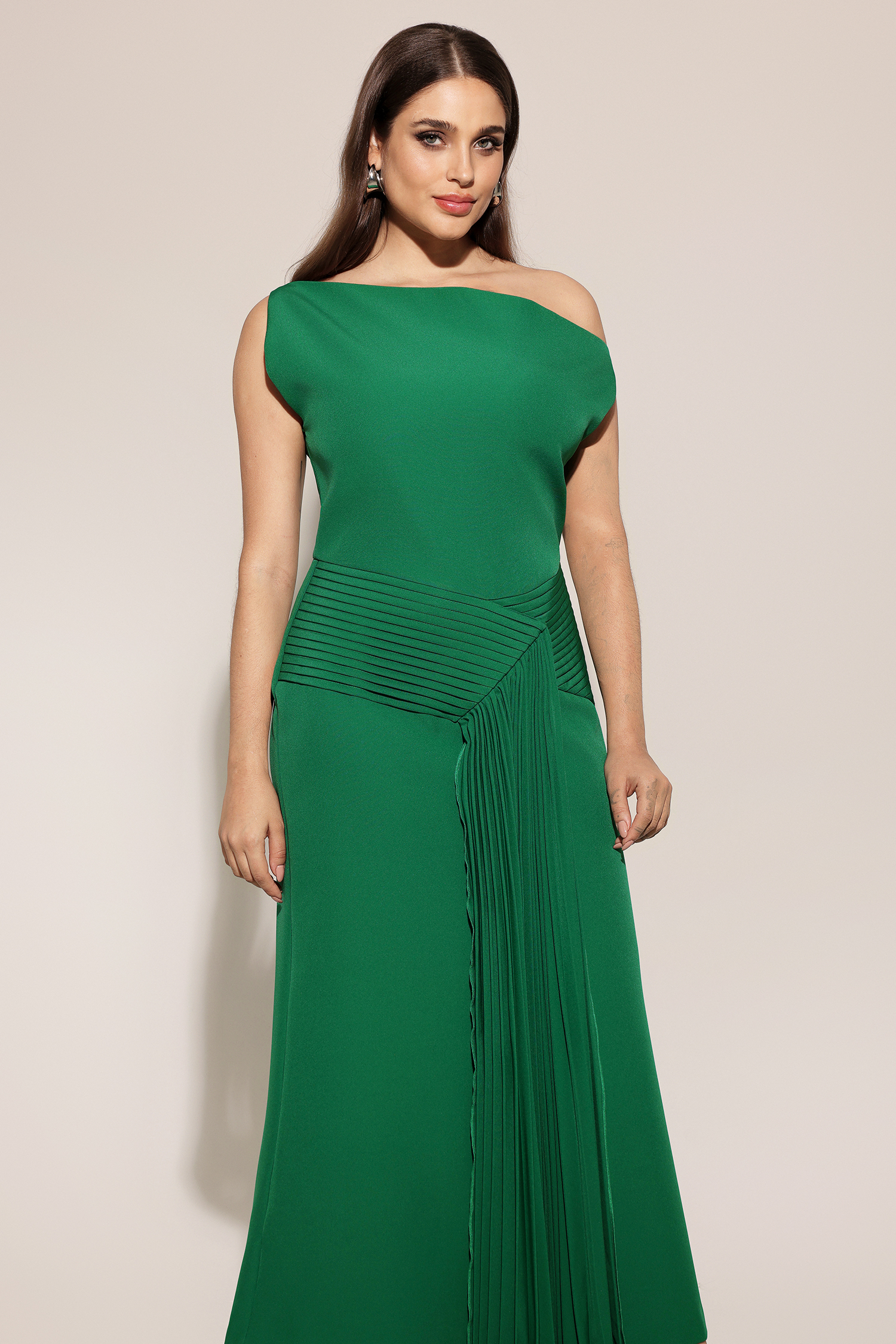 Paulina Oblique Shoulder Sleeveless Folds Green Midi Dress
