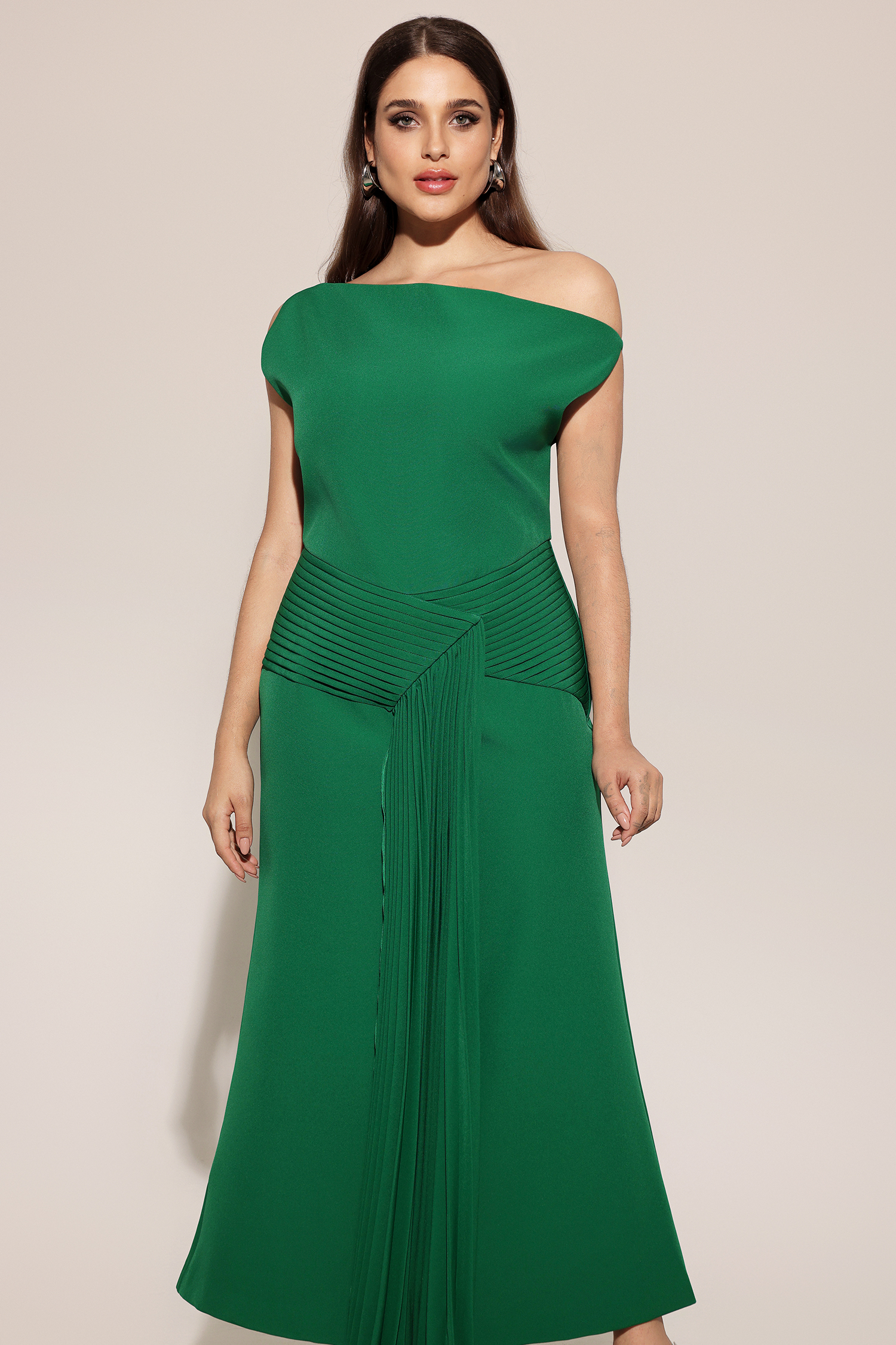 Paulina Oblique Shoulder Sleeveless Folds Green Midi Dress