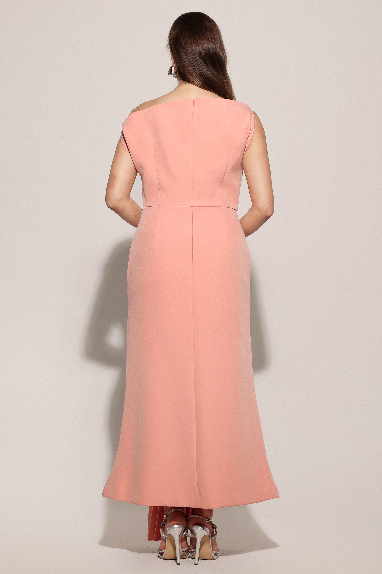 Paulina Oblique Shoulder Sleeveless Folds Pink Midi Dress