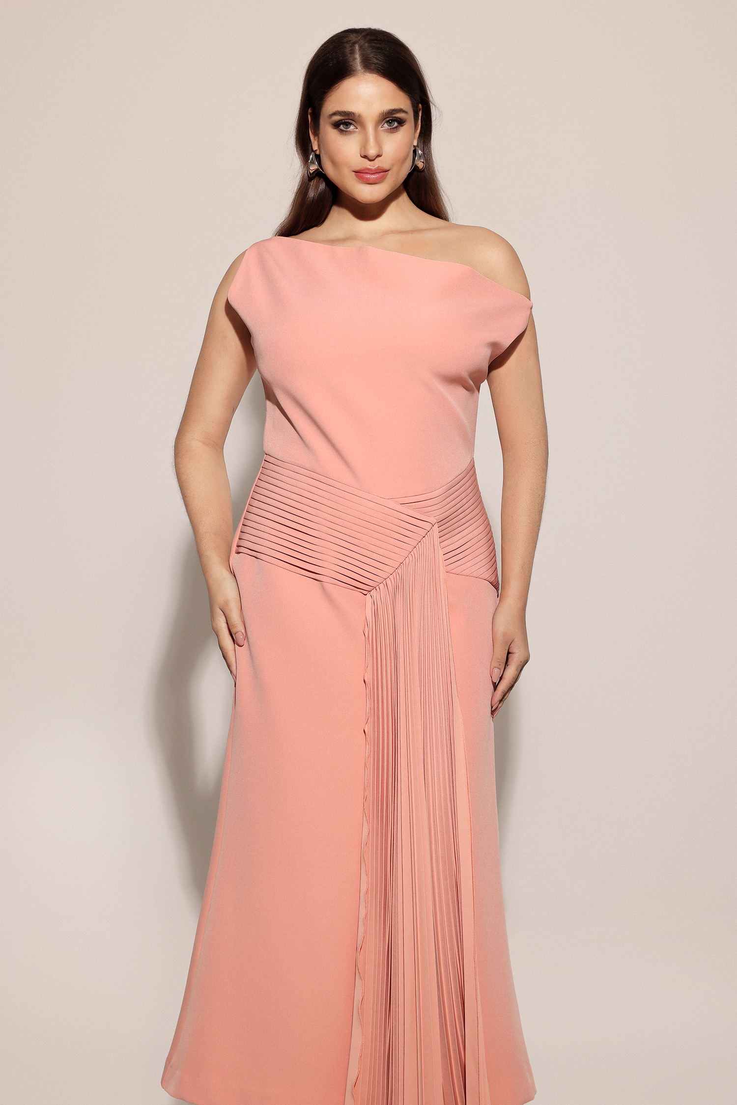 Paulina Oblique Shoulder Sleeveless Folds Pink Midi Dress