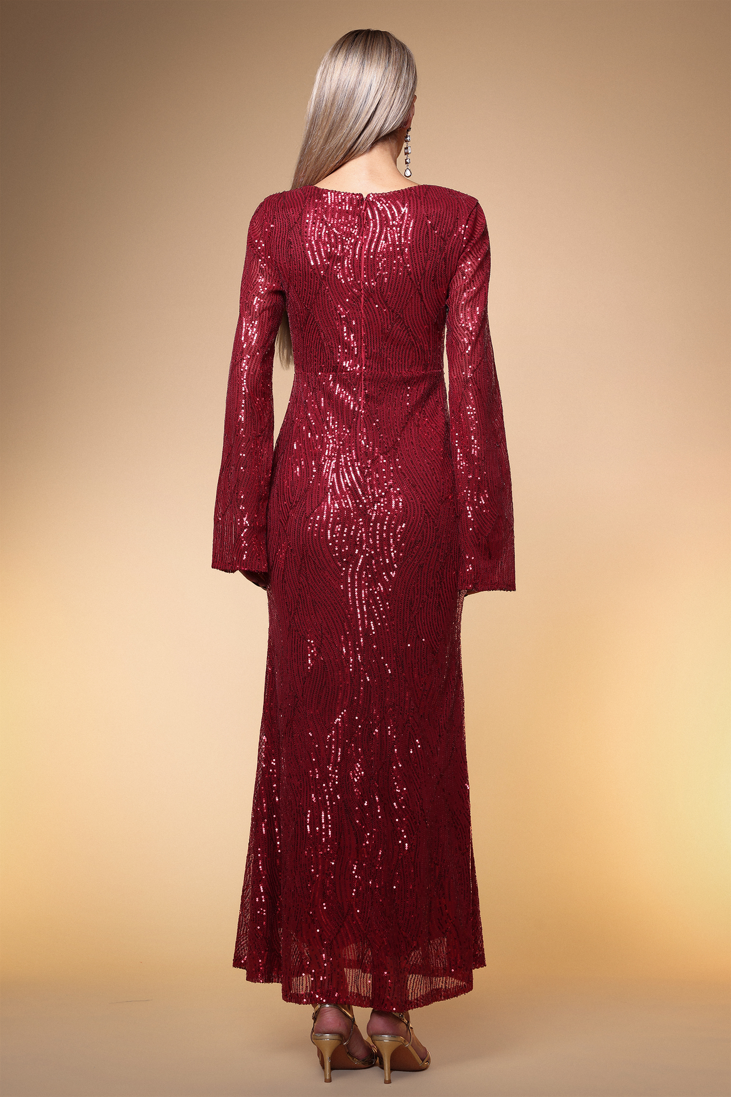 Kamaria Elegant Lustrous Cape Sleeve Sequin Red Maxi Dress