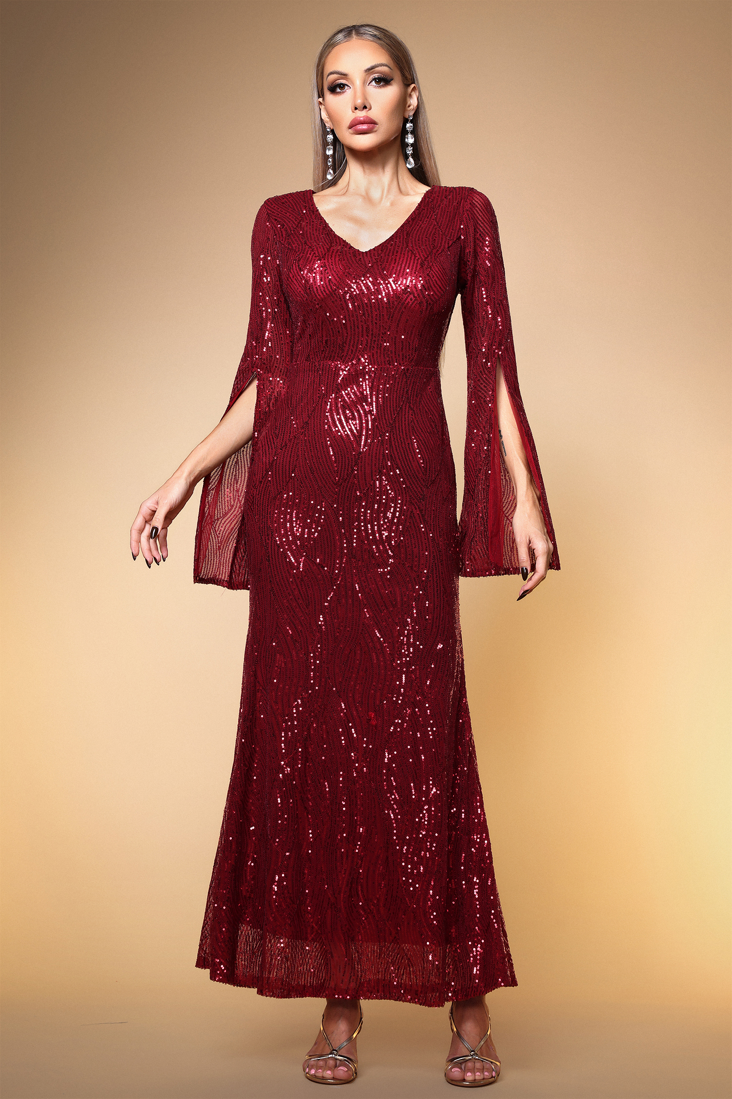 Kamaria Elegant Lustrous Cape Sleeve Sequin Red Maxi Dress