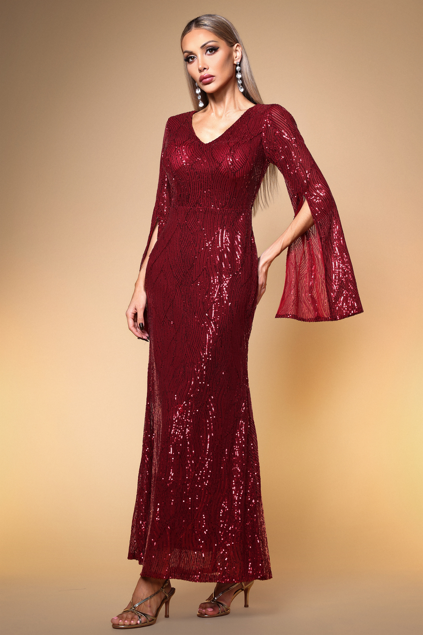 Kamaria Elegant Lustrous Cape Sleeve Sequin Red Maxi Dress