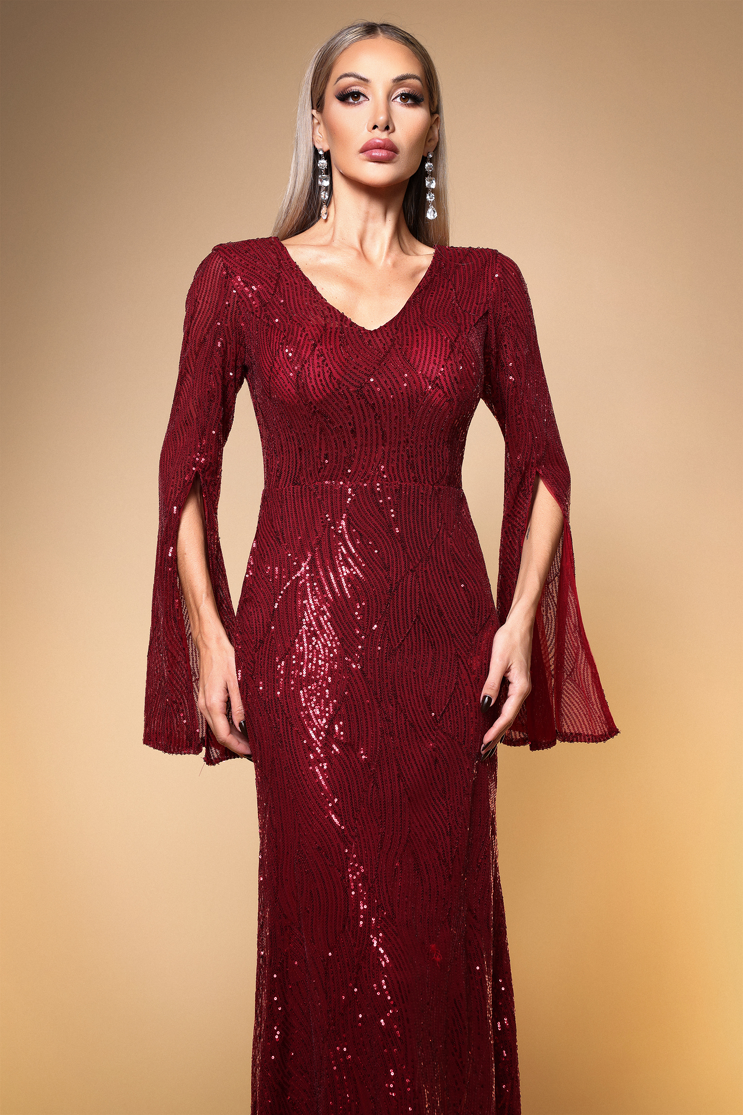 Kamaria Elegant Lustrous Cape Sleeve Sequin Red Maxi Dress