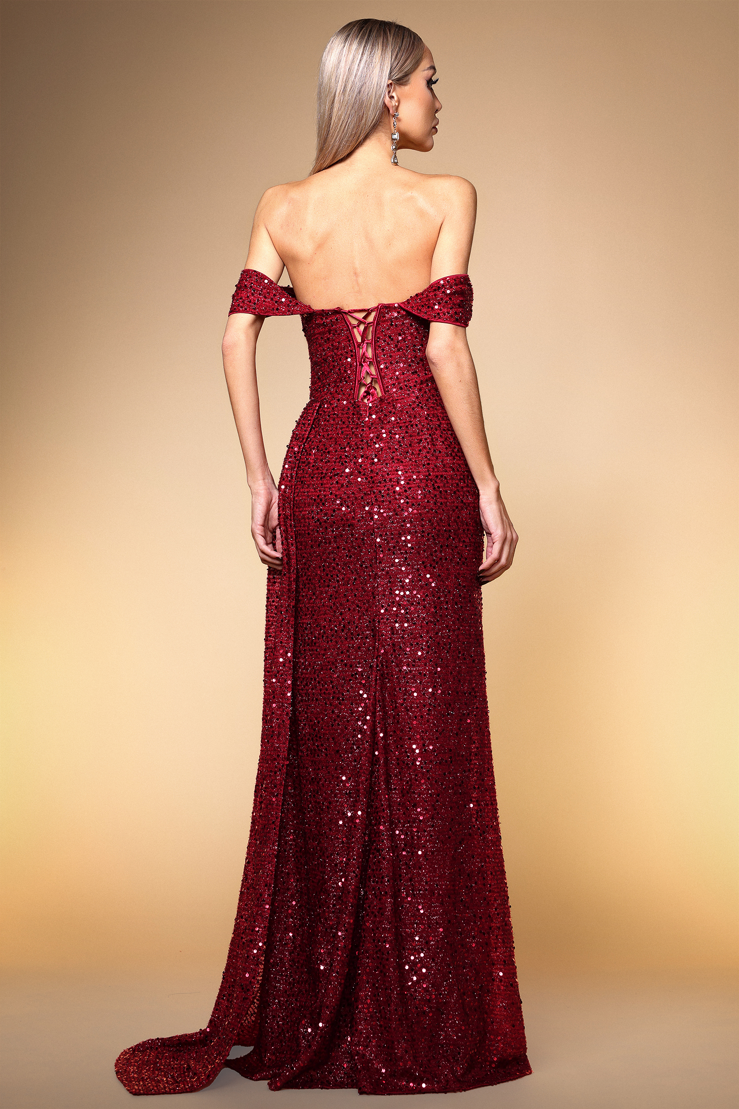 Montigo Glamorous Contour Off Shoulder Corset Sequin Maxi Dress