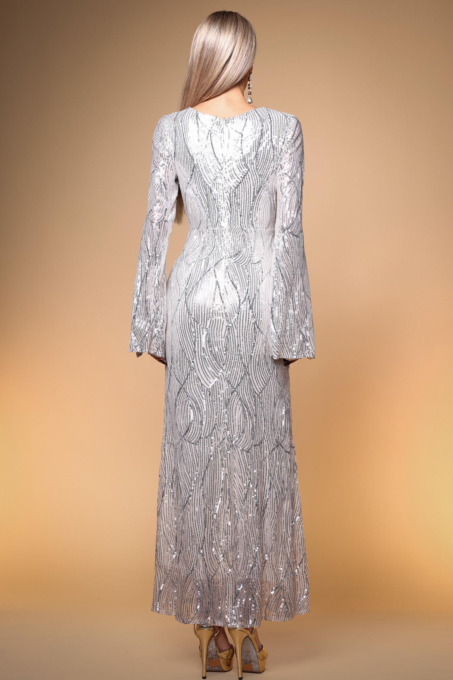 Kamaria Elegant Lustrous Cape Sleeve Sequin White Maxi Dress