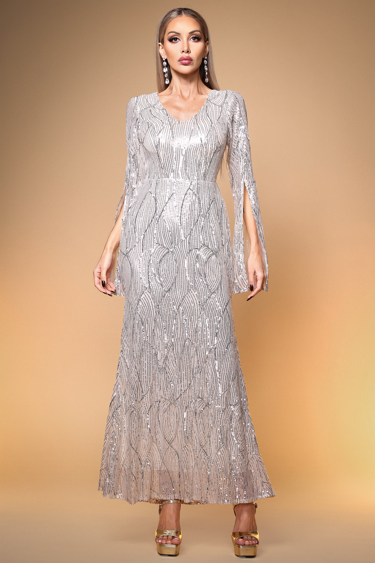 Kamaria Elegant Lustrous Cape Sleeve Sequin White Maxi Dress