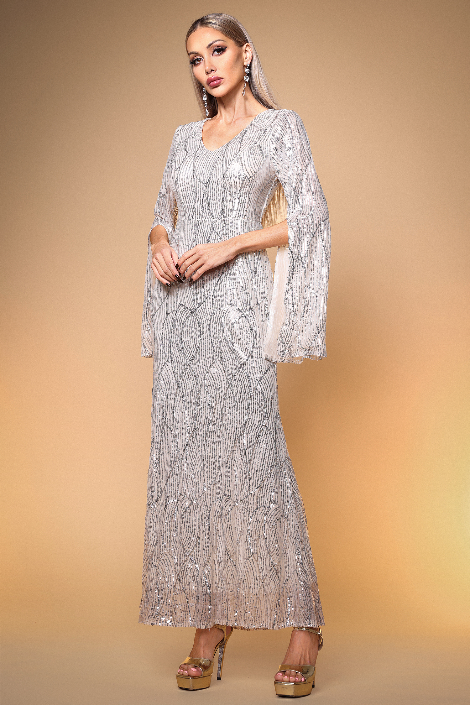 Kamaria Elegant Lustrous Cape Sleeve Sequin White Maxi Dress