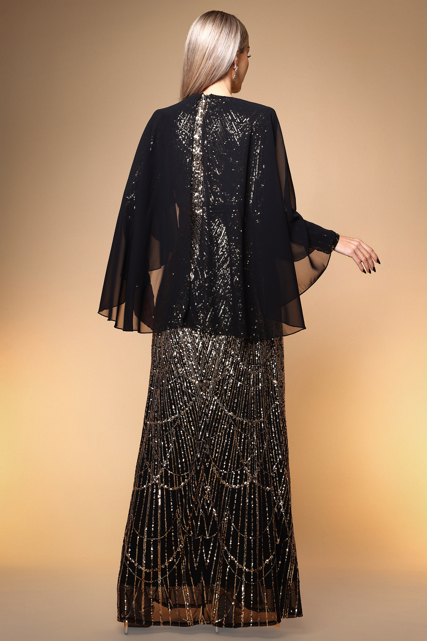 Sergio Elegant Contour Long Sleeve Mesh Shawl Sequin Maxi Dress