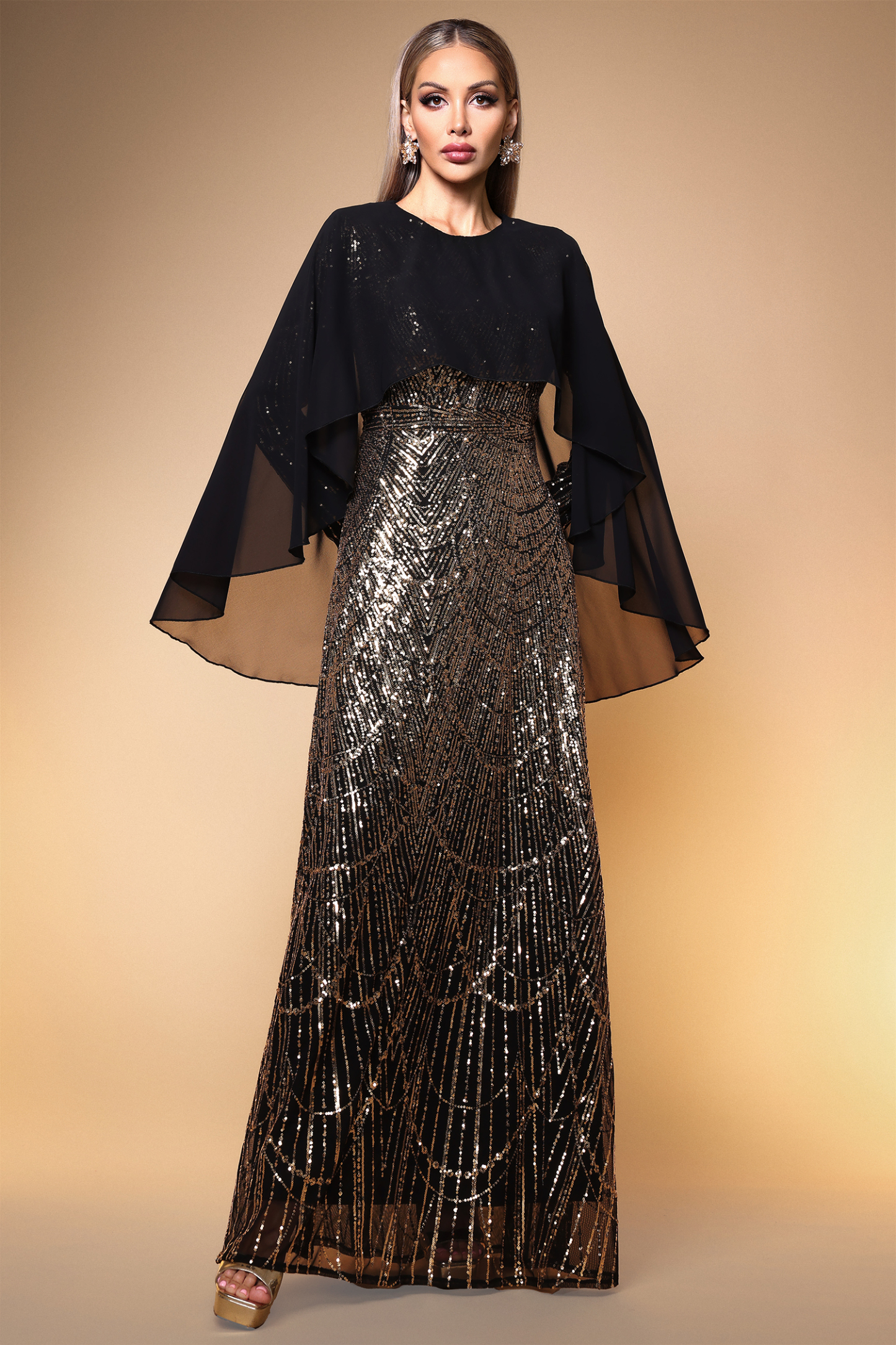 Sergio Elegant Contour Long Sleeve Mesh Shawl Sequin Maxi Dress