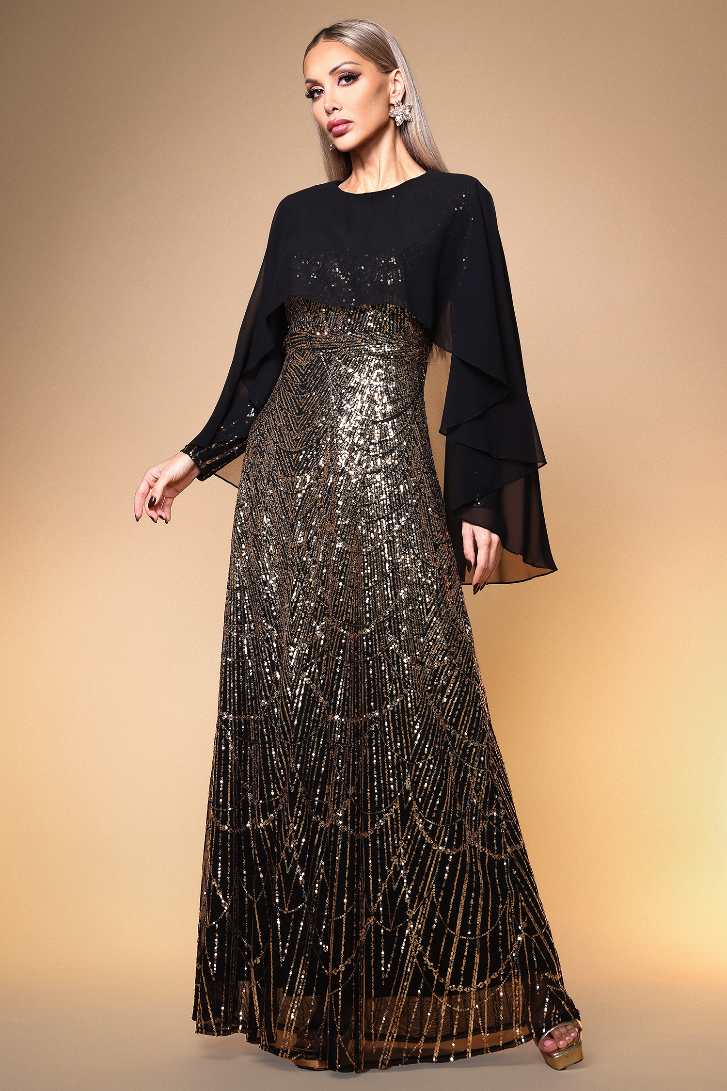 Sergio Elegant Contour Long Sleeve Mesh Shawl Sequin Maxi Dress
