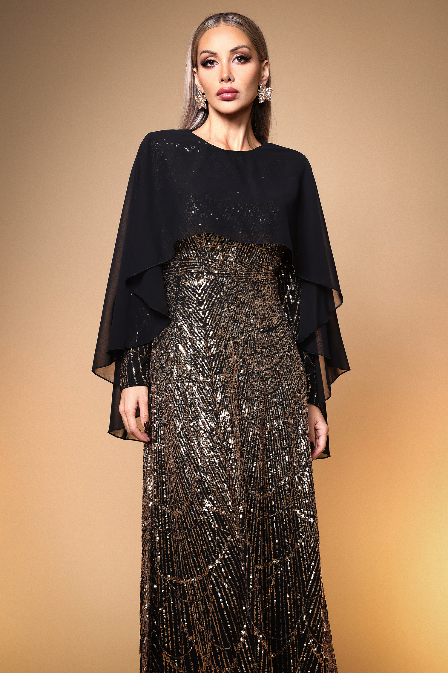 Sergio Elegant Contour Long Sleeve Mesh Shawl Sequin Maxi Dress